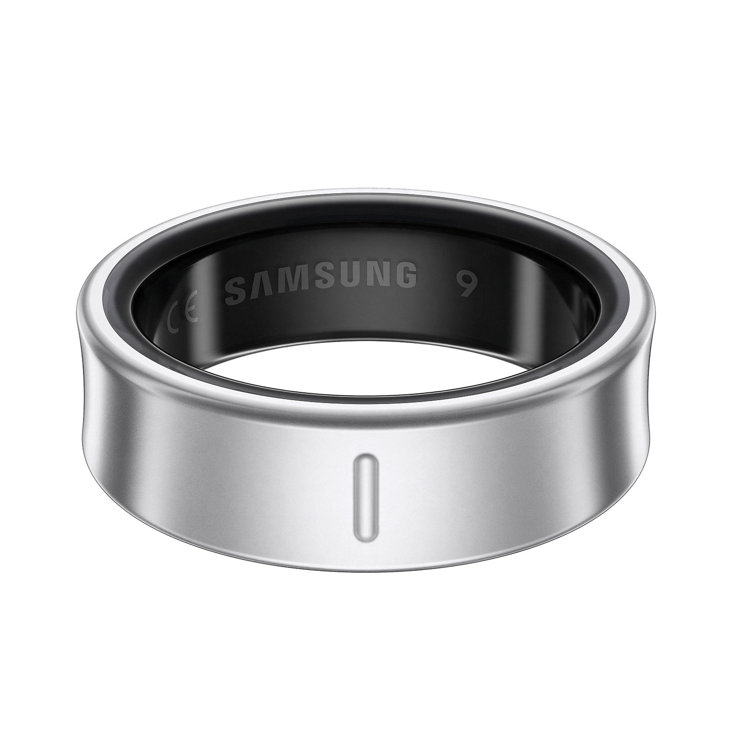 Un anello smart Samsung argentato con fascia interna nera e design a linea verticale.