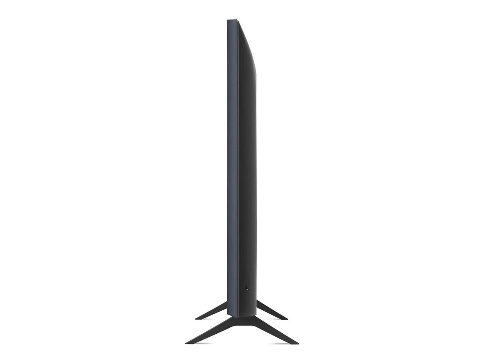 Un televisor negro y delgado con soporte, visto de lado.