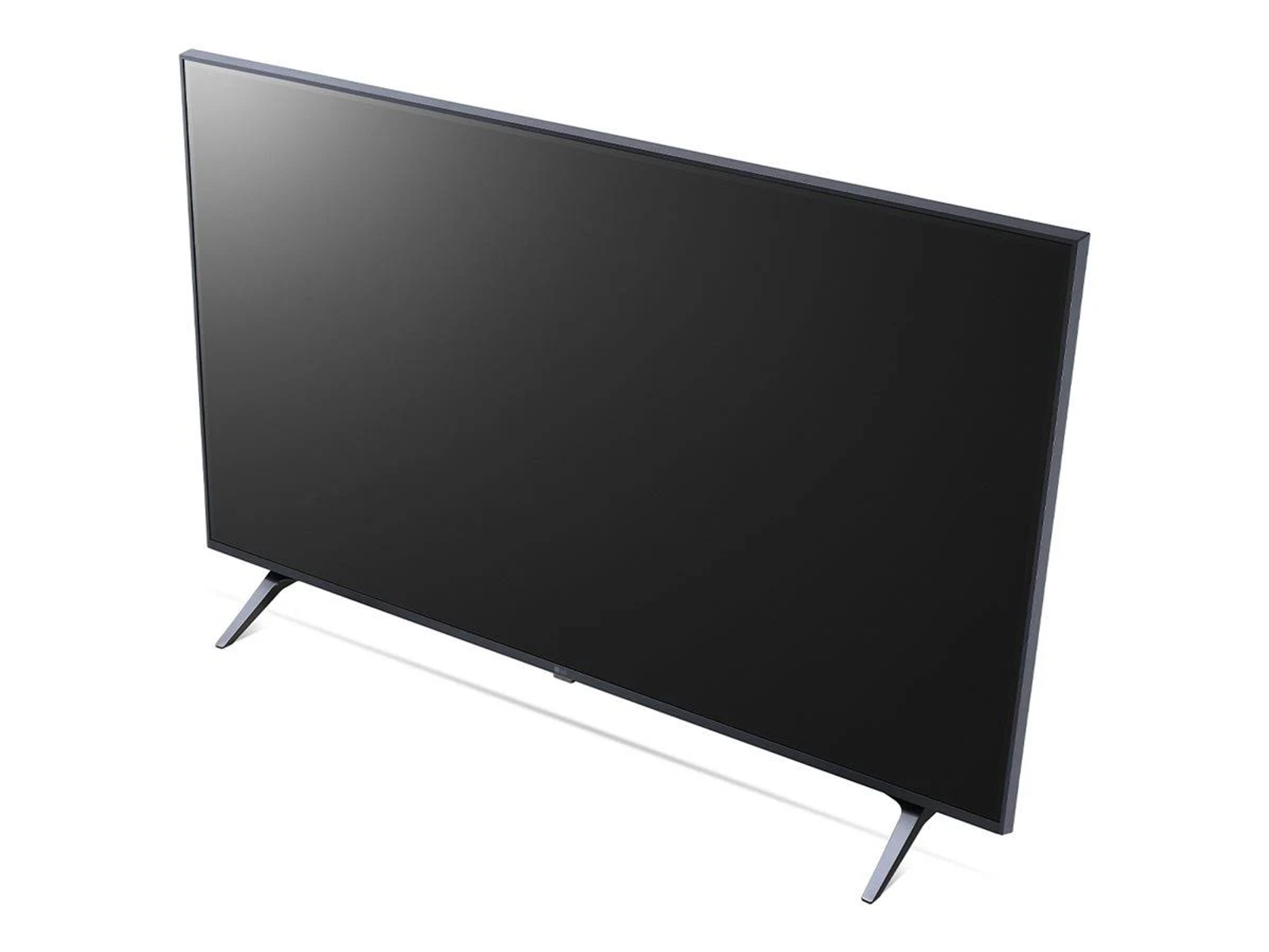 Un televisor moderno negro de pantalla plana con bisel delgado y dos patas estrechas.