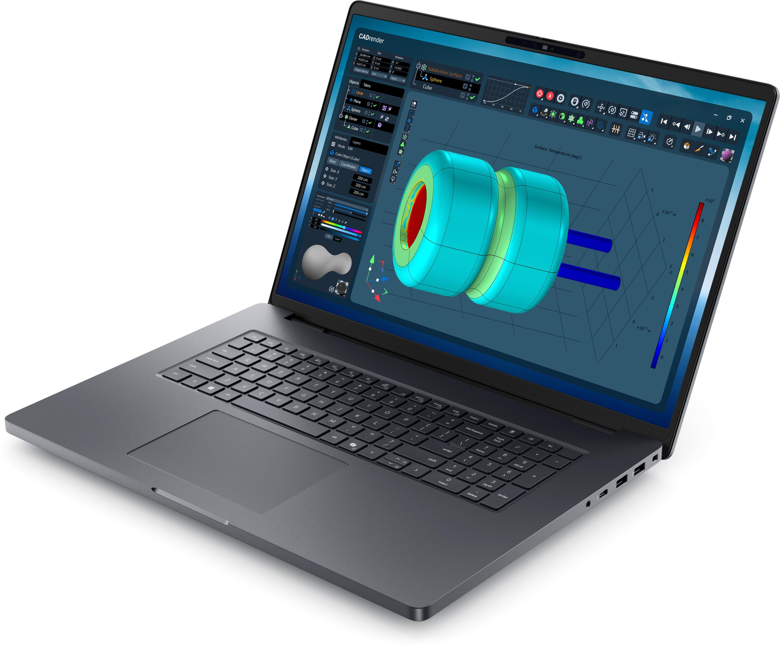 Laptop wyświetla symulację 3D z niebiesko-zielonym modelem. Jasne kolory wskazują ciepło.