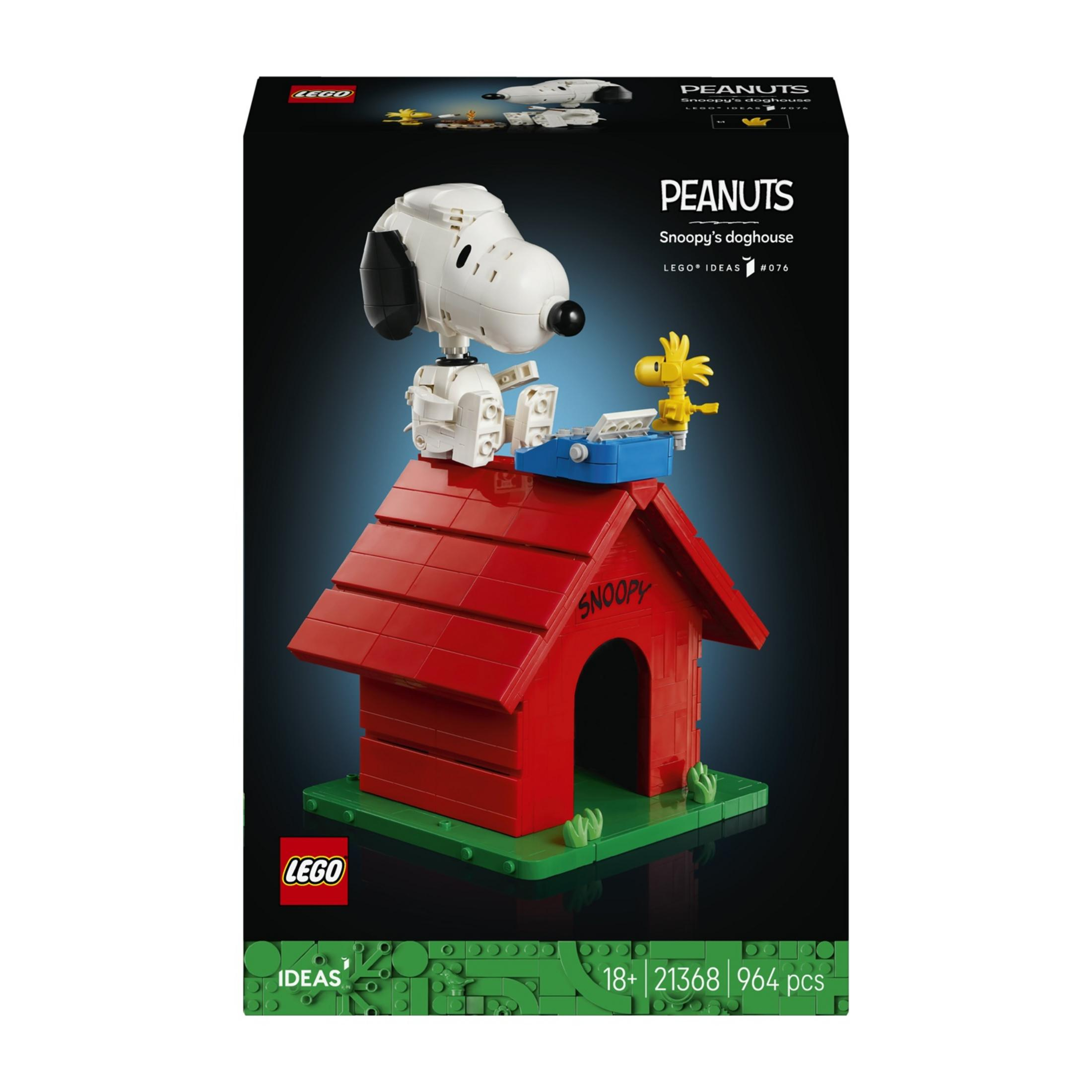 La cuccia di Snoopy LEGO con Snoopy e Woodstock sul tetto.