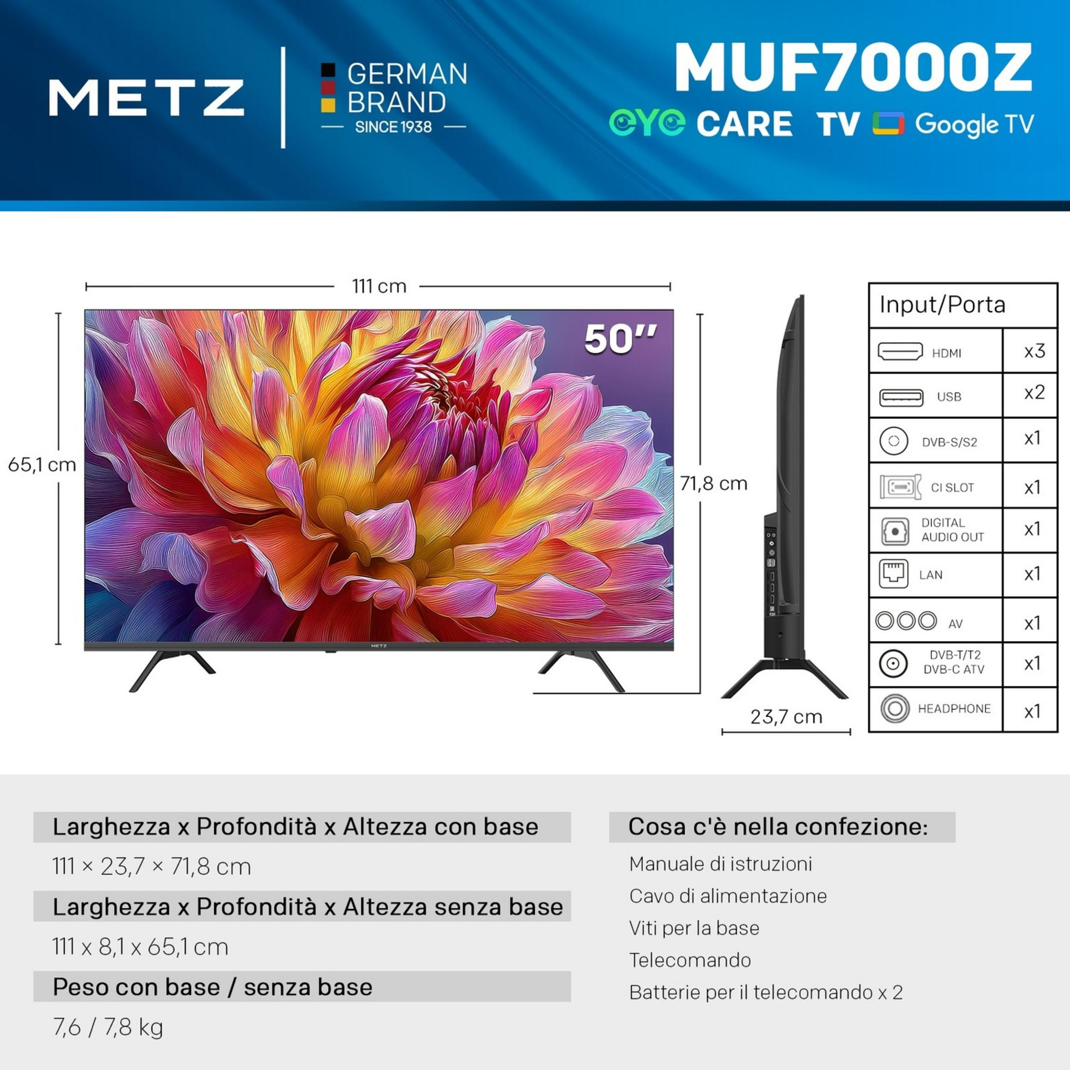 Un televisor Metz de 50 pulgadas con imagen floral, puertos y dimensiones.