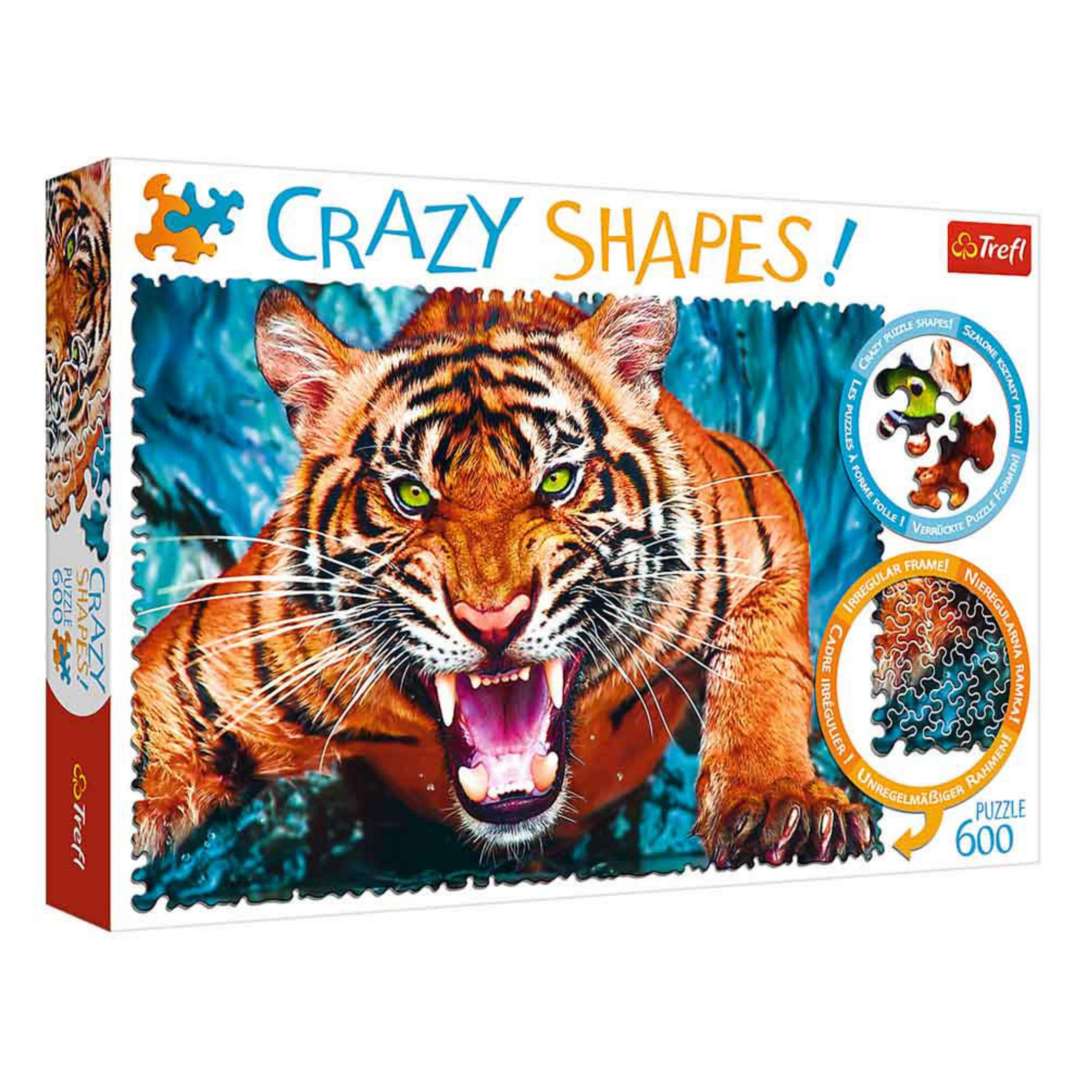 Scatola di un puzzle da 600 pezzi con la testa di una tigre e testo "Crazy Shapes!".