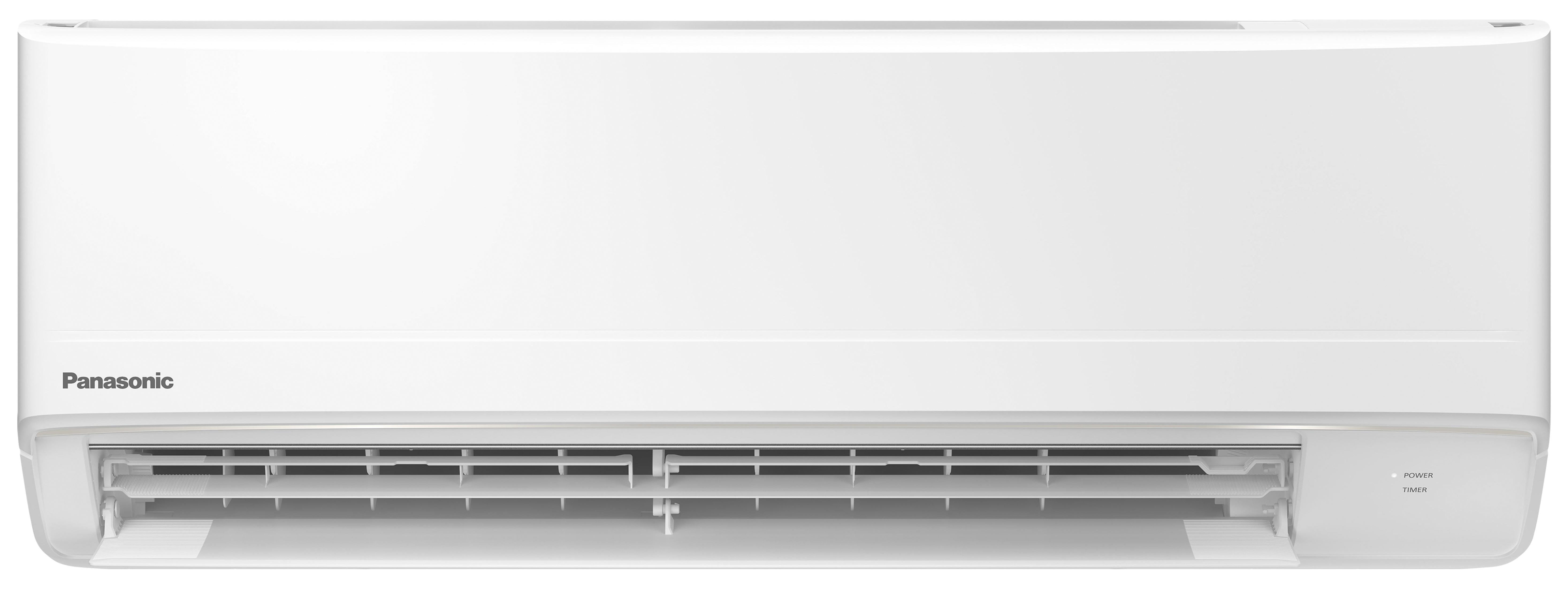Un aire acondicionado Panasonic blanco con lamas abiertas e indicadores de encendido/temporizador.