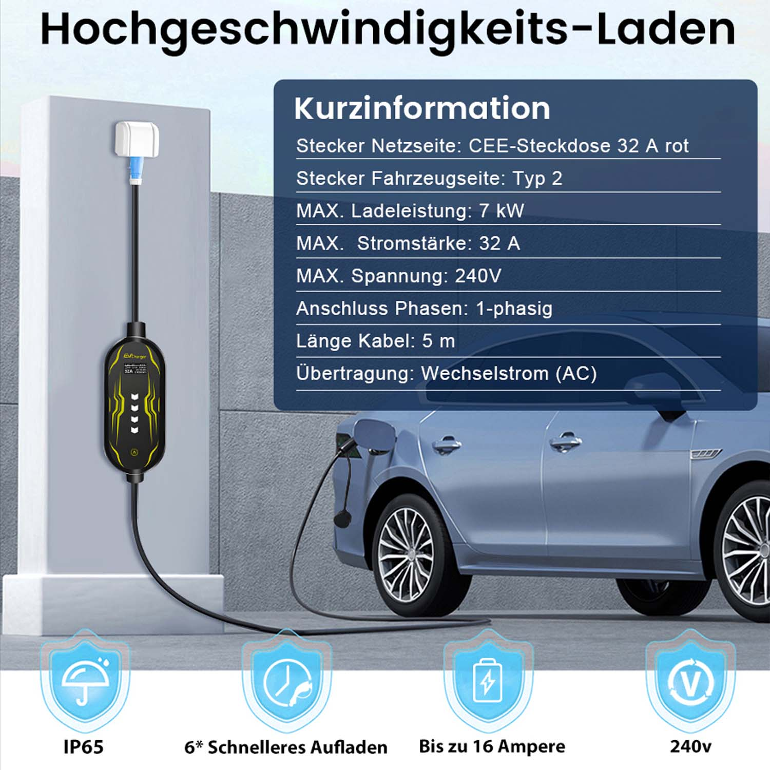Ein schwarzes Ladekabel mit gelben Akzenten lädt ein blaues Auto. Informationen sind auf Deutsch.
