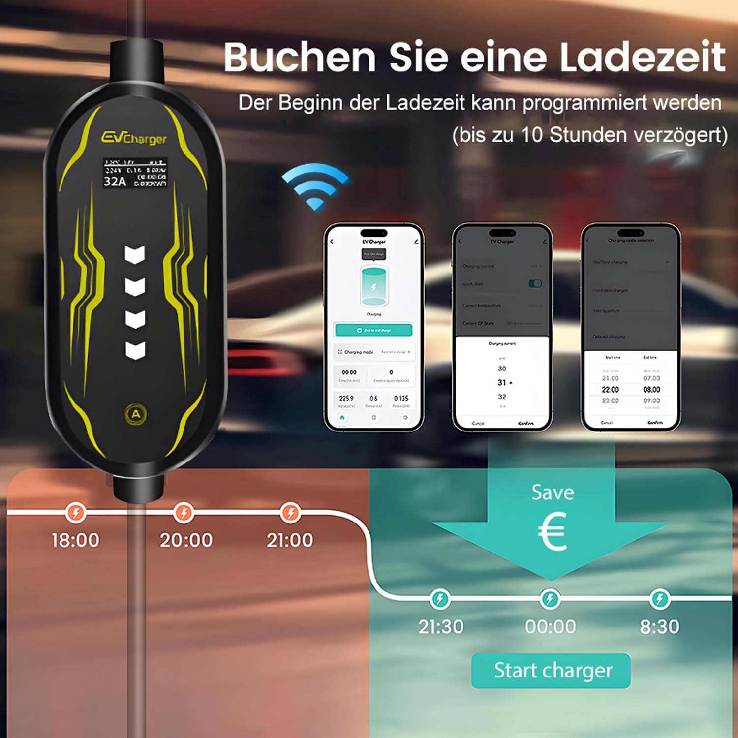 EV-Ladegerät mit App-Steuerung, Ladezeiten und Kostenanzeige.