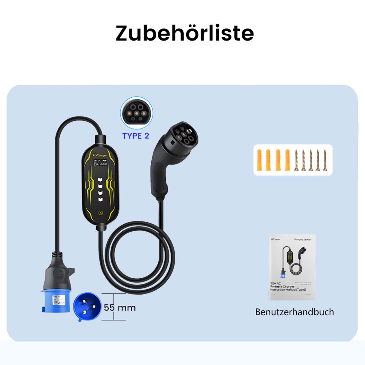 EV Ladegerät mit Typ-2-Stecker, Dübeln, Schrauben und Handbuch.