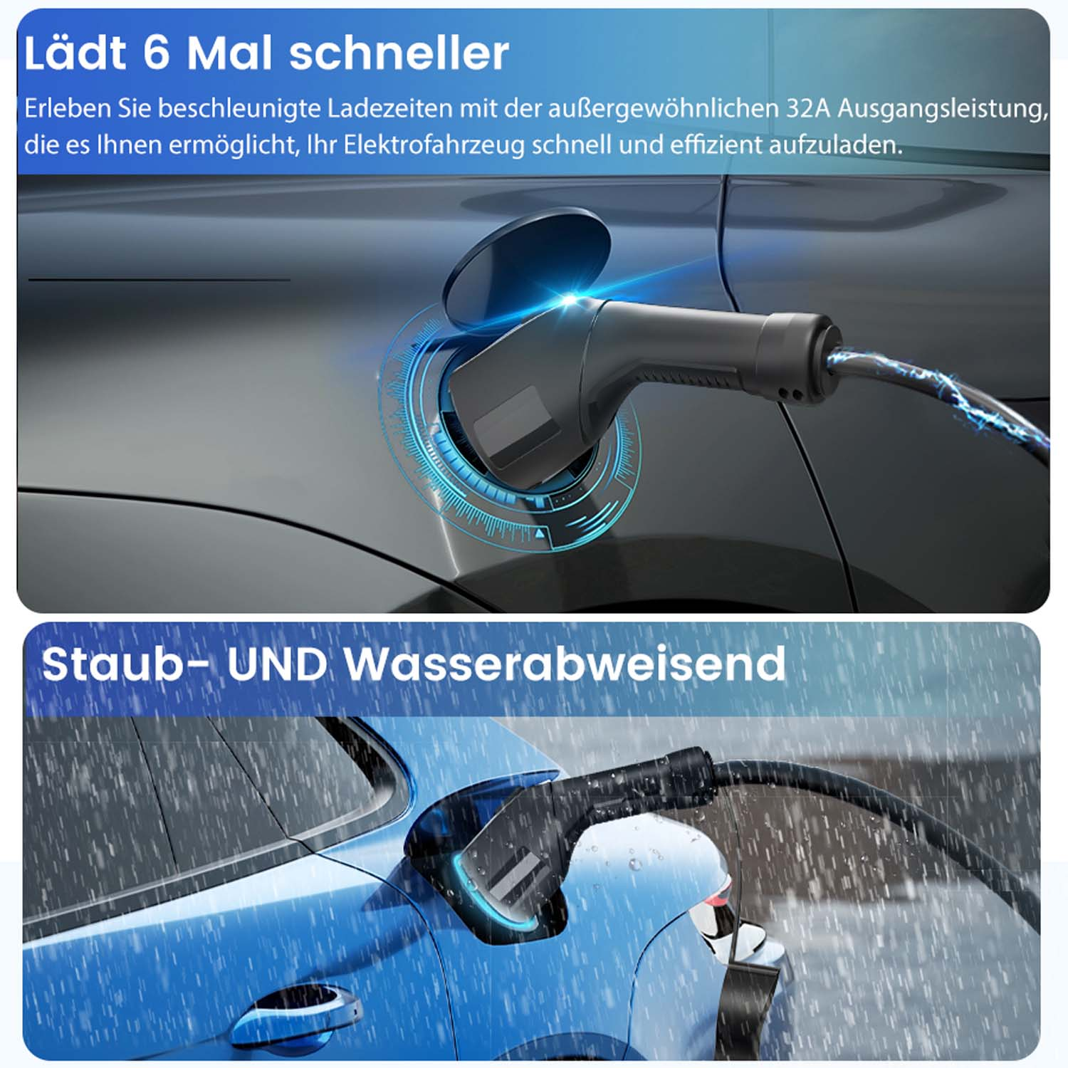 Ein E-Auto-Ladekabel wird in einen Ladeanschluss gesteckt.