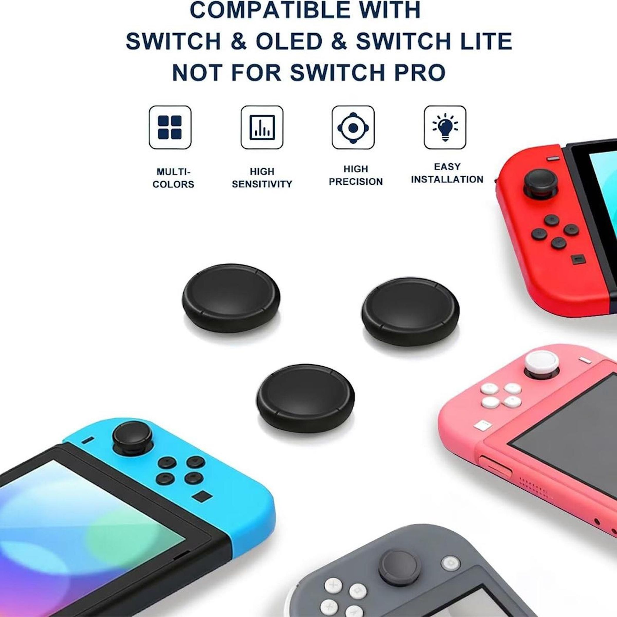 Vier Nintendo-Konsolen in Blau, Pink und Rot mit schwarzen Joysticks und drei schwarzen Kappen.