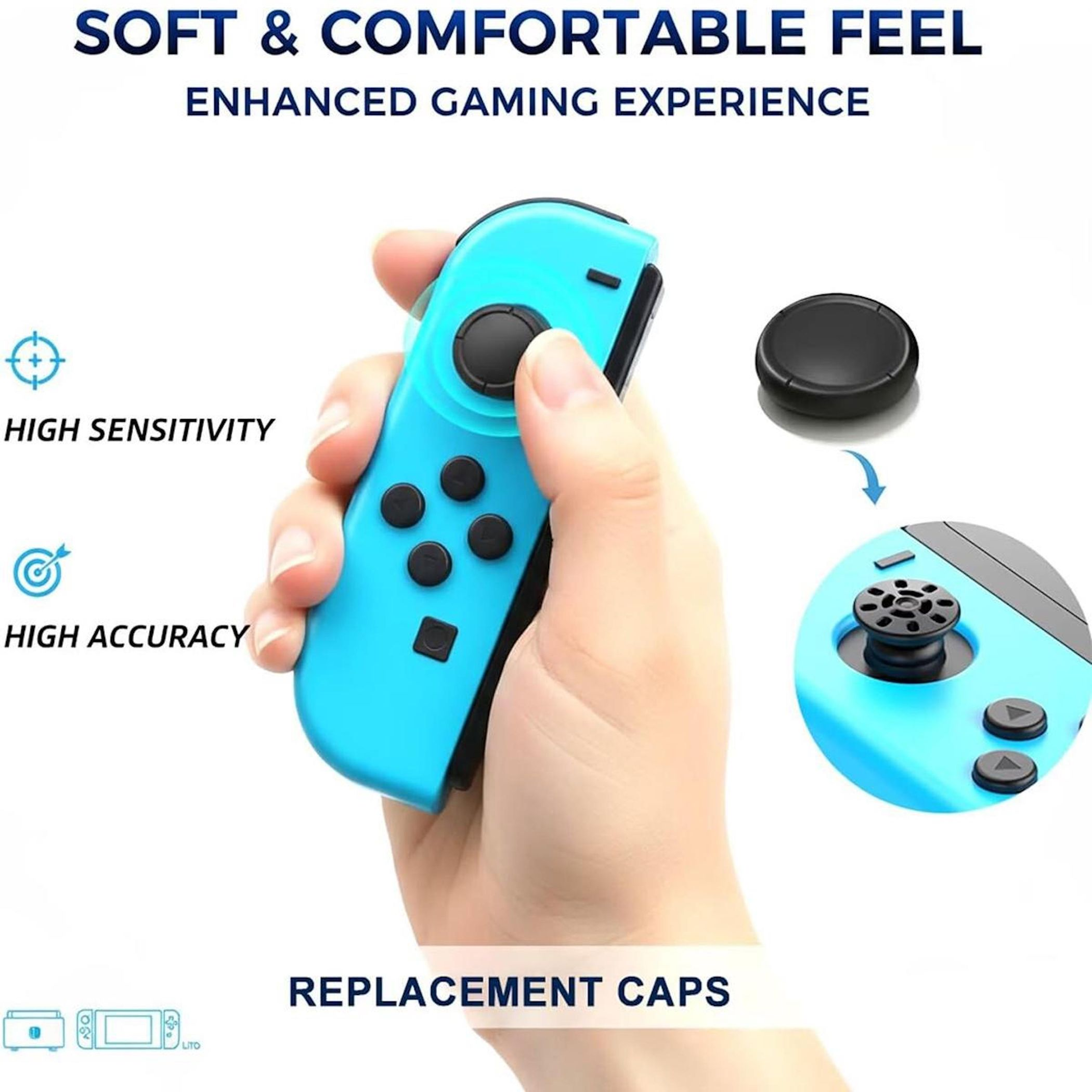 Blaue Joy-Con-Griffe mit Ersatzkappen. Hohe Empfindlichkeit und Genauigkeit.