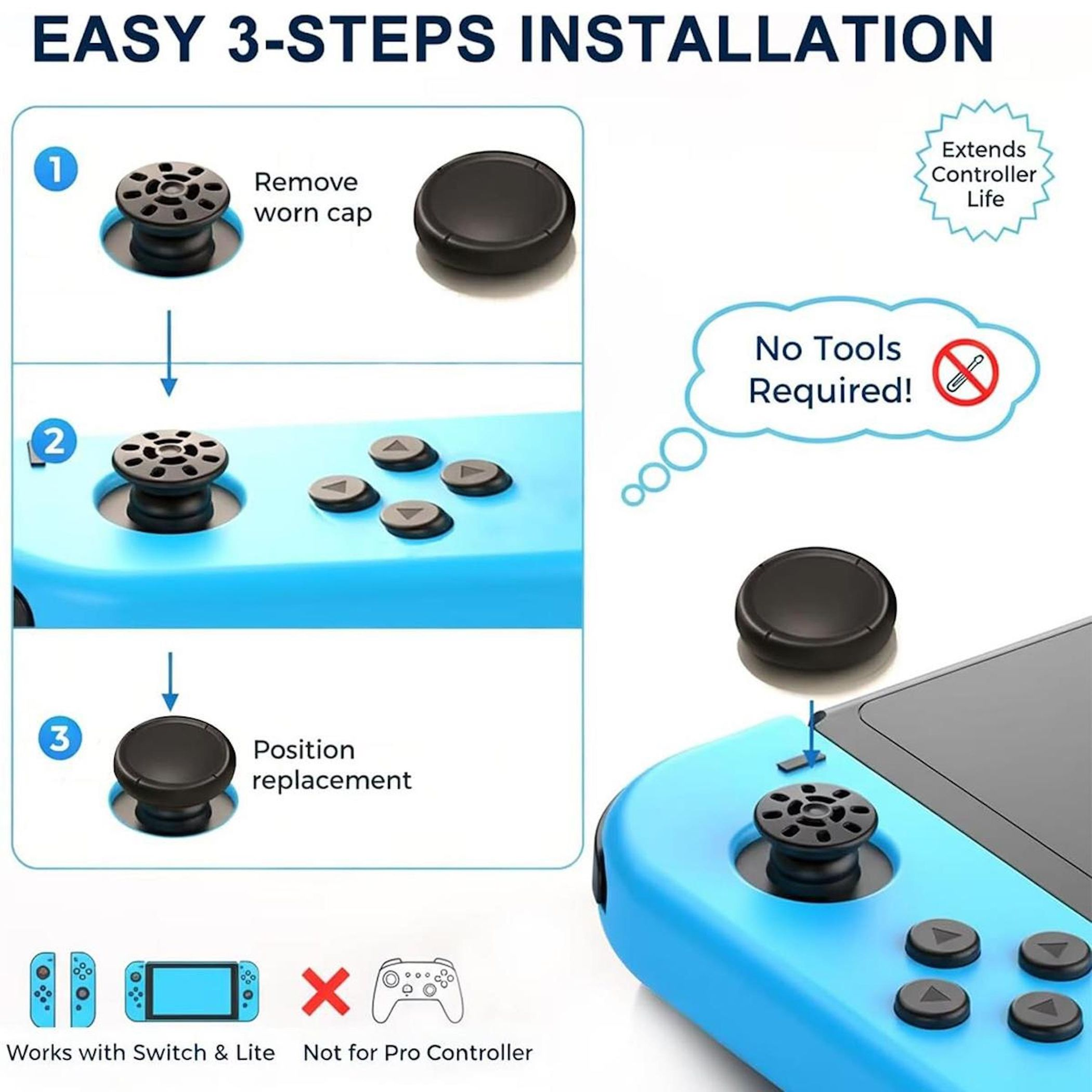 Anleitung zur einfachen Installation von Controller-Kappen in 3 Schritten.