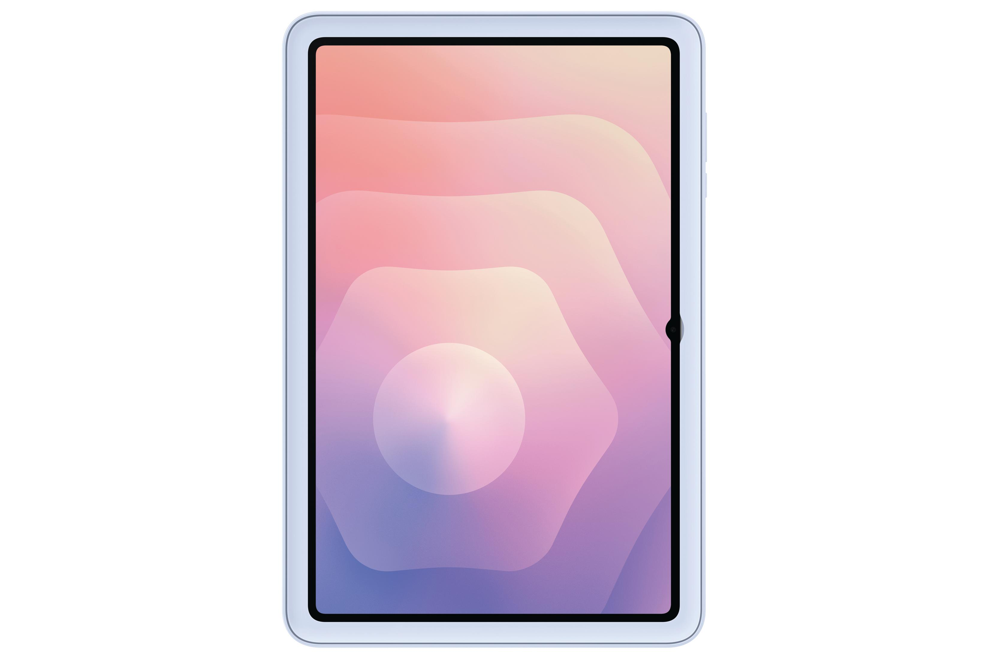 Un tablet azzurro con uno sfondo astratto color pastello.