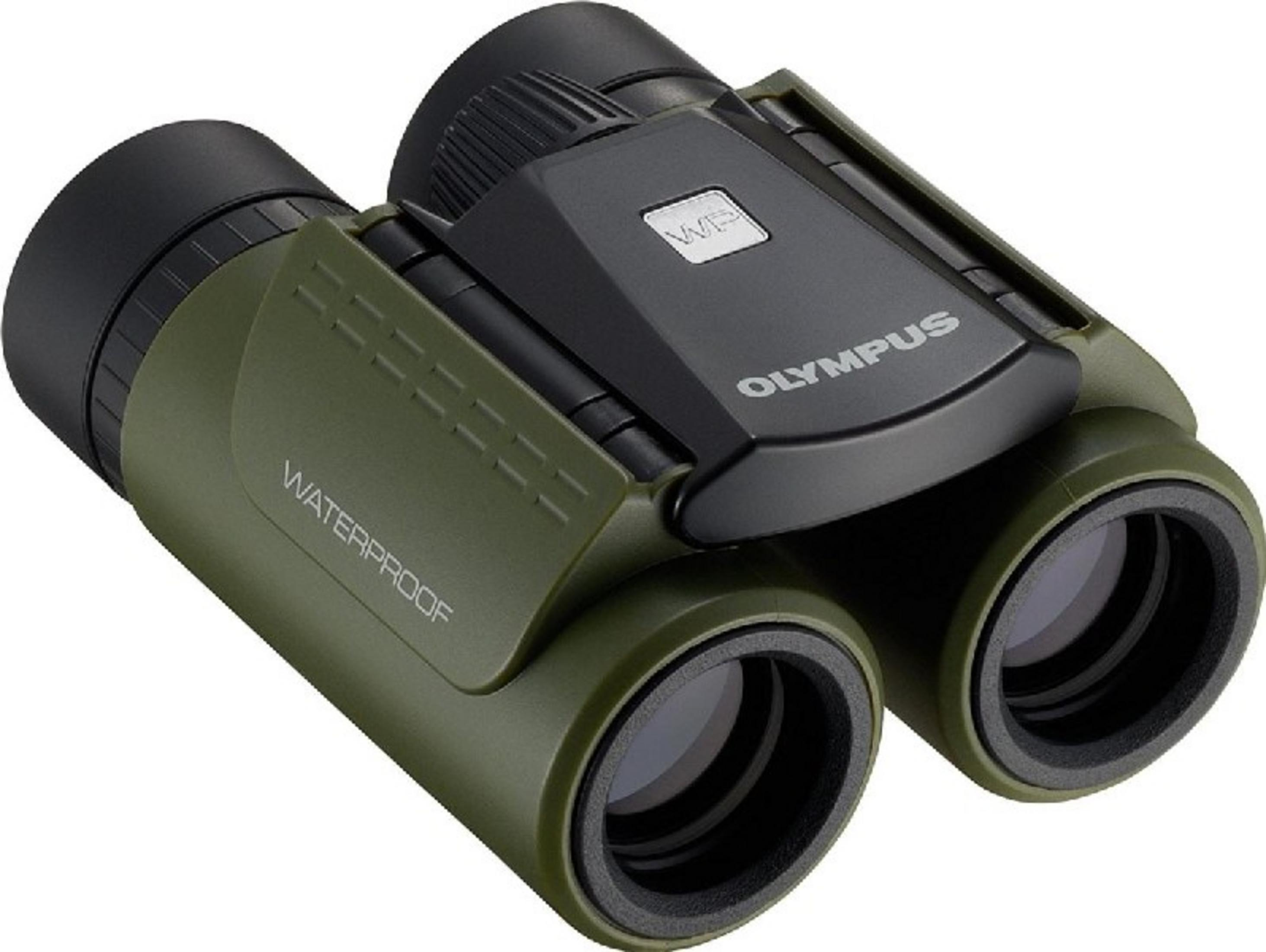 Binocolo Olympus verde e nero, con scritta WATERPROOF.