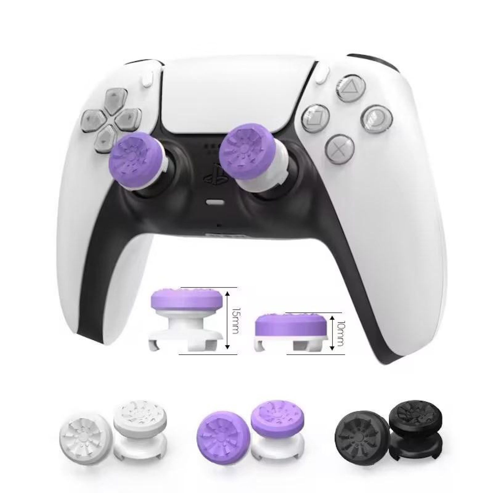 Weiße Controller mit lila Joystick-Kappen und Größenanzeigen.