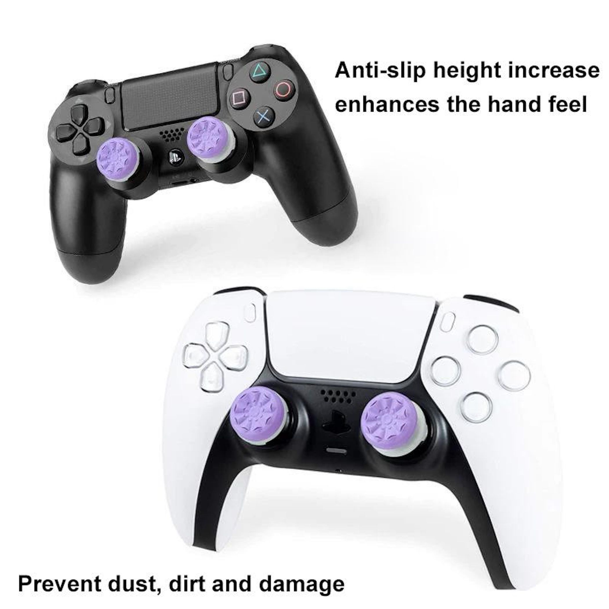 Zwei Controller mit lila Daumenkappen. Einer schwarz, einer weiß-schwarz.