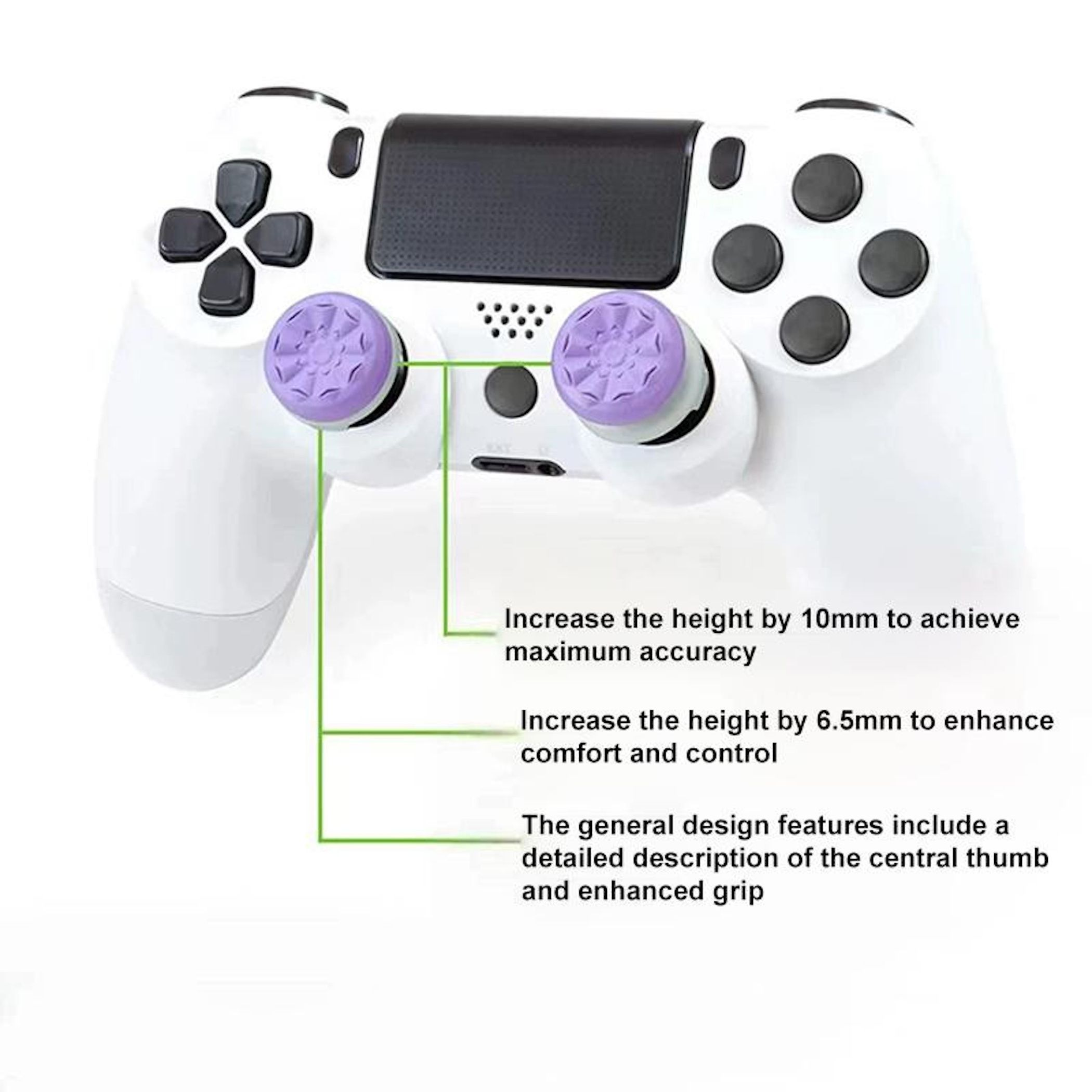 Weißer Controller mit lila Thumb Grips, der Genauigkeit und Komfort erhöht.