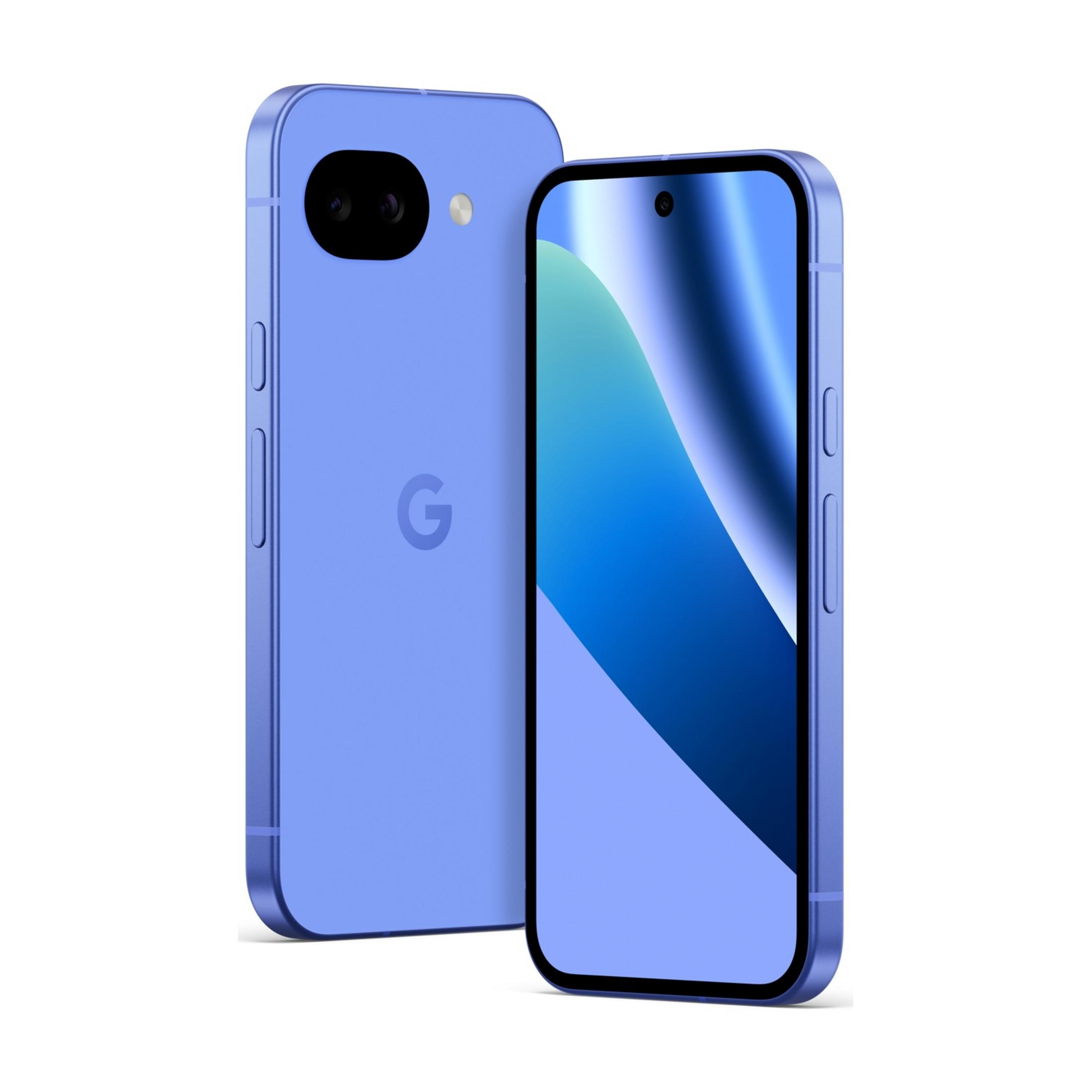 Ein blaues Smartphone mit Google-Logo auf der Rückseite und einem blauen Bildschirm.