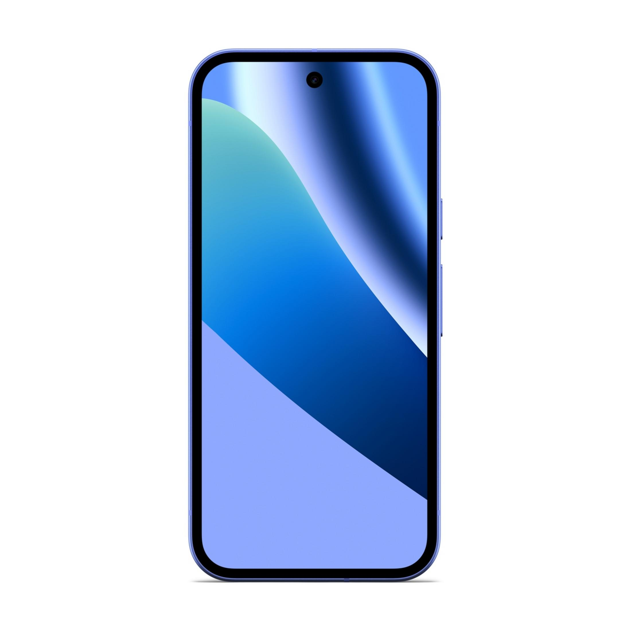 Ein blaues Smartphone mit einem Wellenmuster auf dem Bildschirm, weißer Hintergrund.