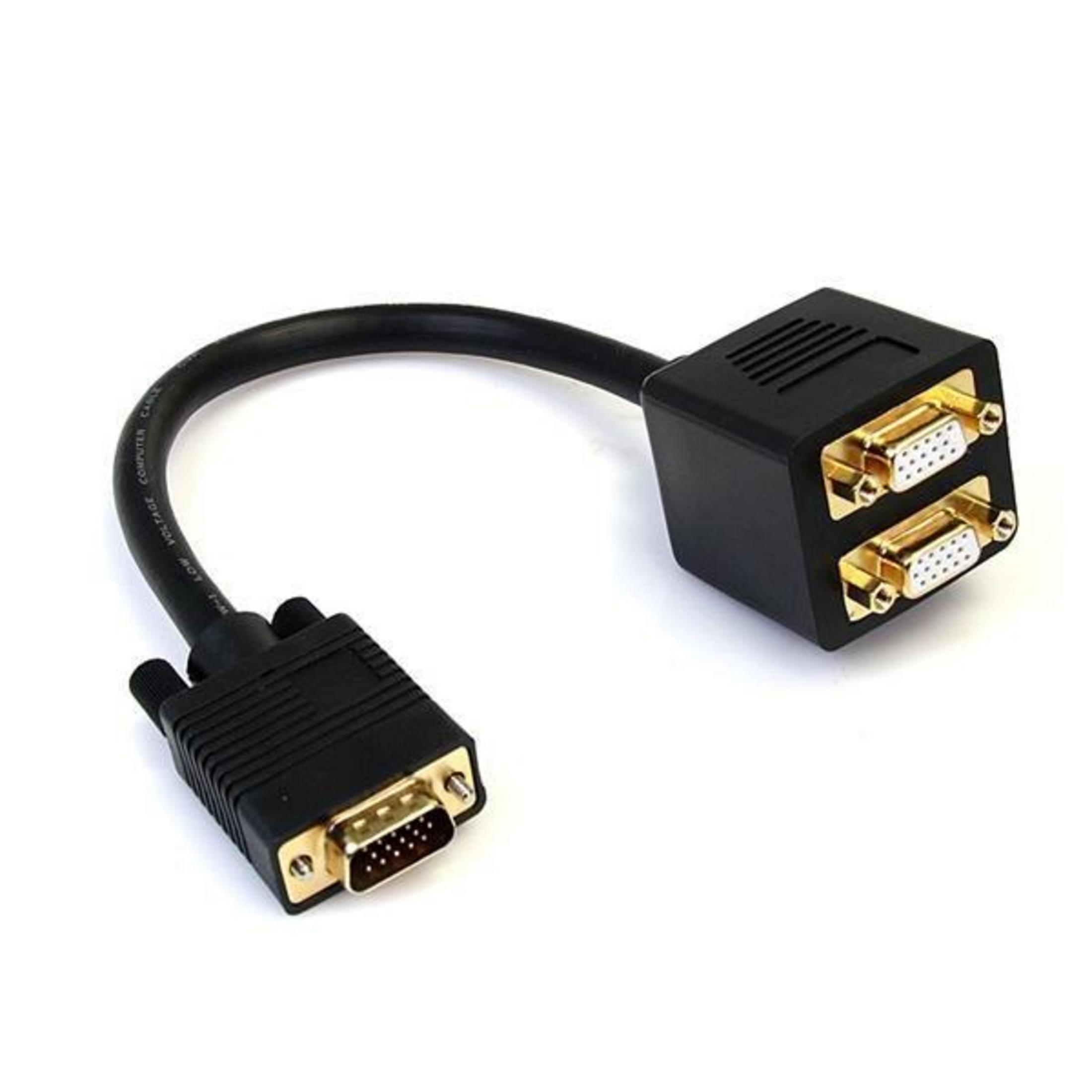 Un cable divisor VGA negro con un conector macho y dos puertos hembra sobre blanco.