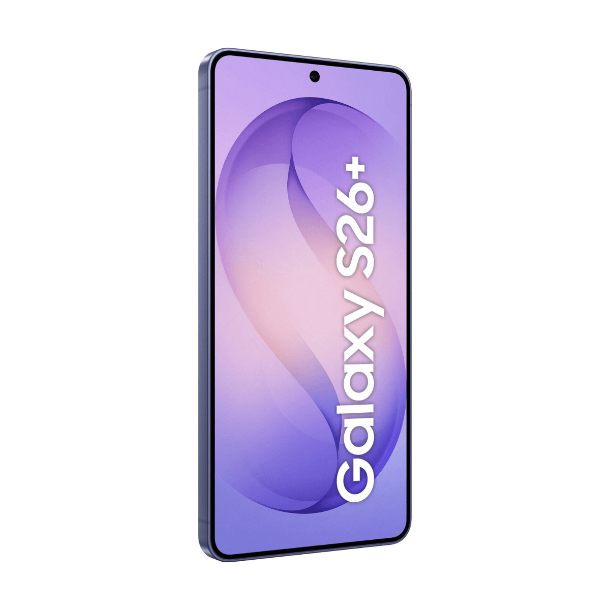 Een smartphone met paarse achtergrond en "Galaxy S26+" tekst.