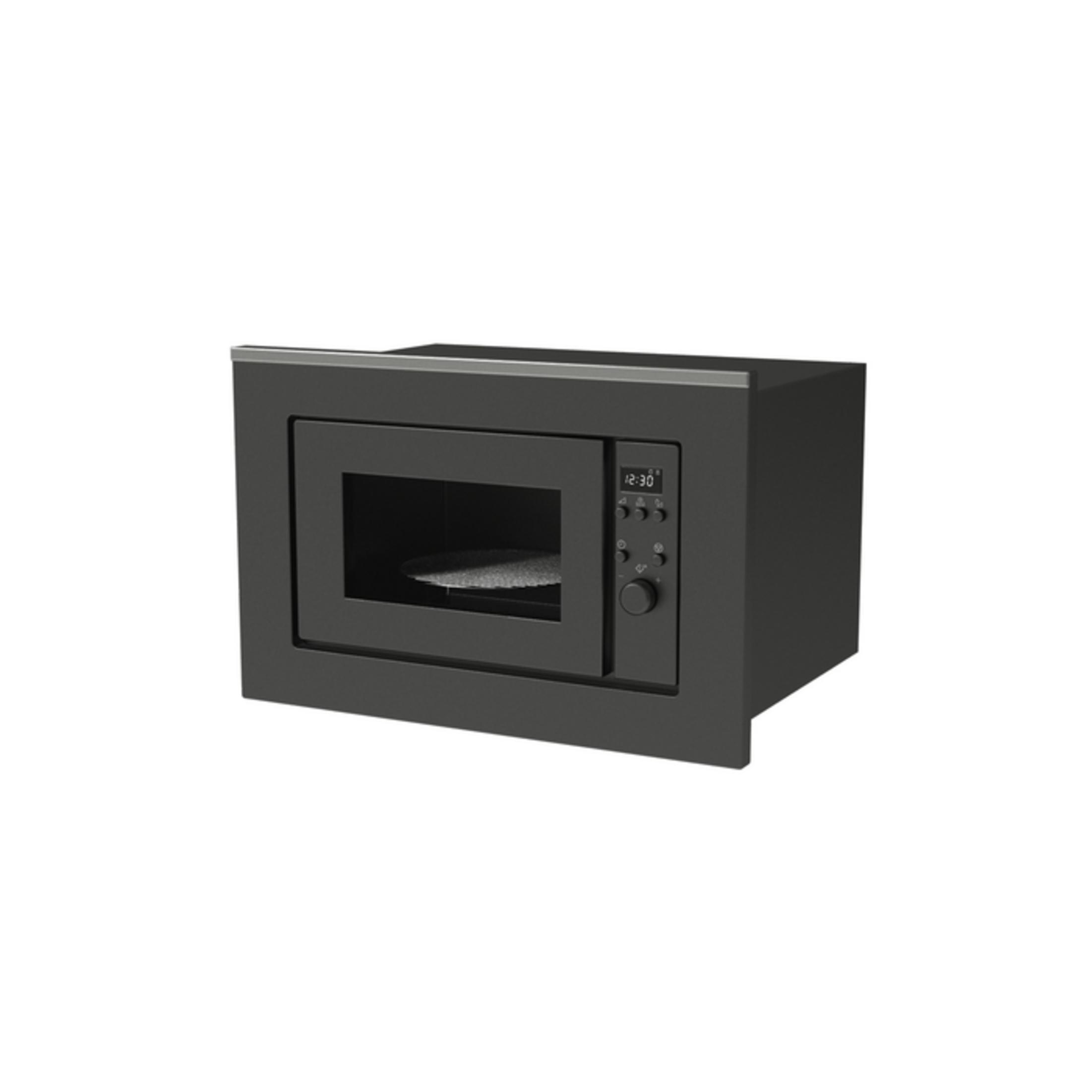 Un forno a microonde da incasso nero con porta a vetro e pannello di controllo.