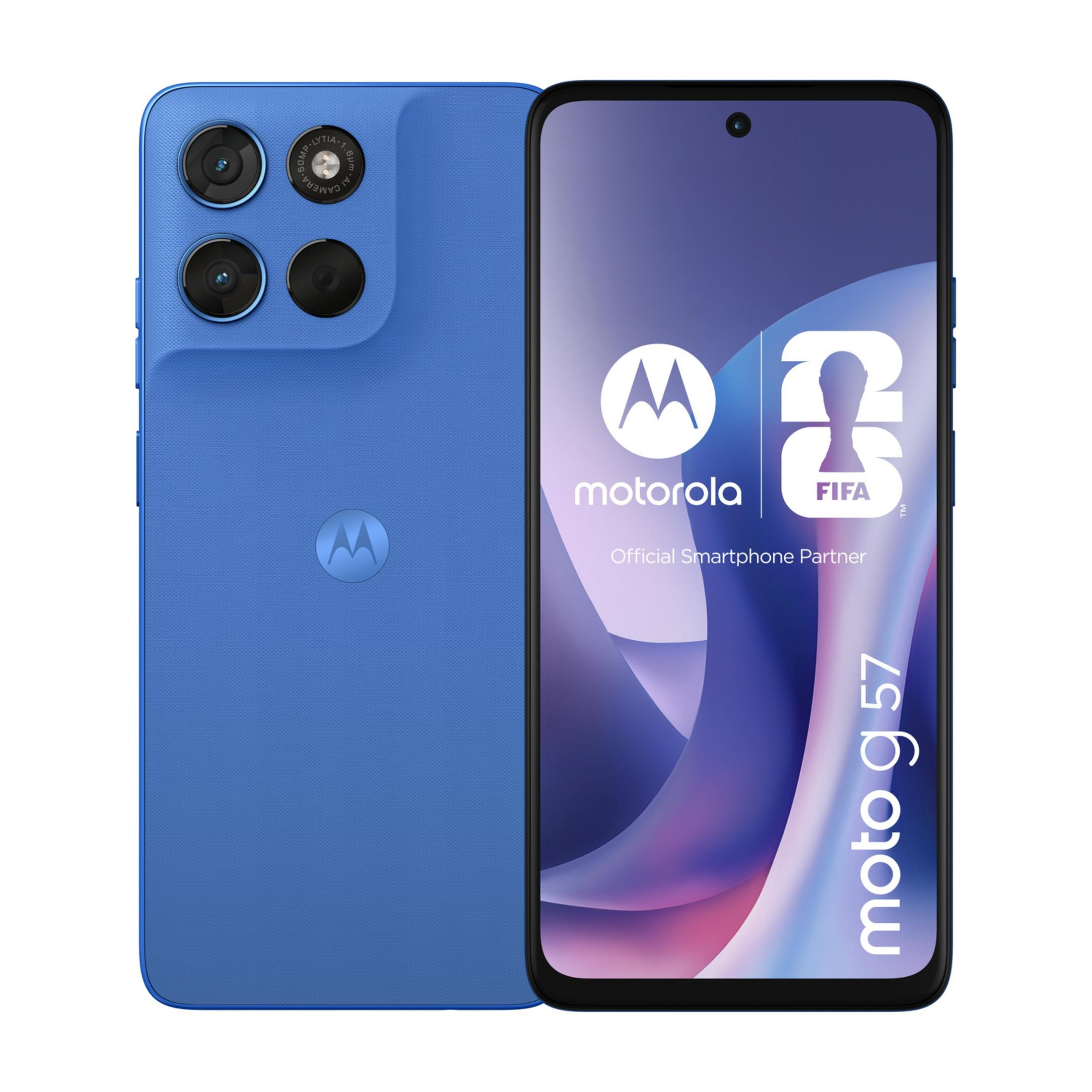 Niebieski smartfon Motorola z logo FIFA. Z tyłu dwie kamery.