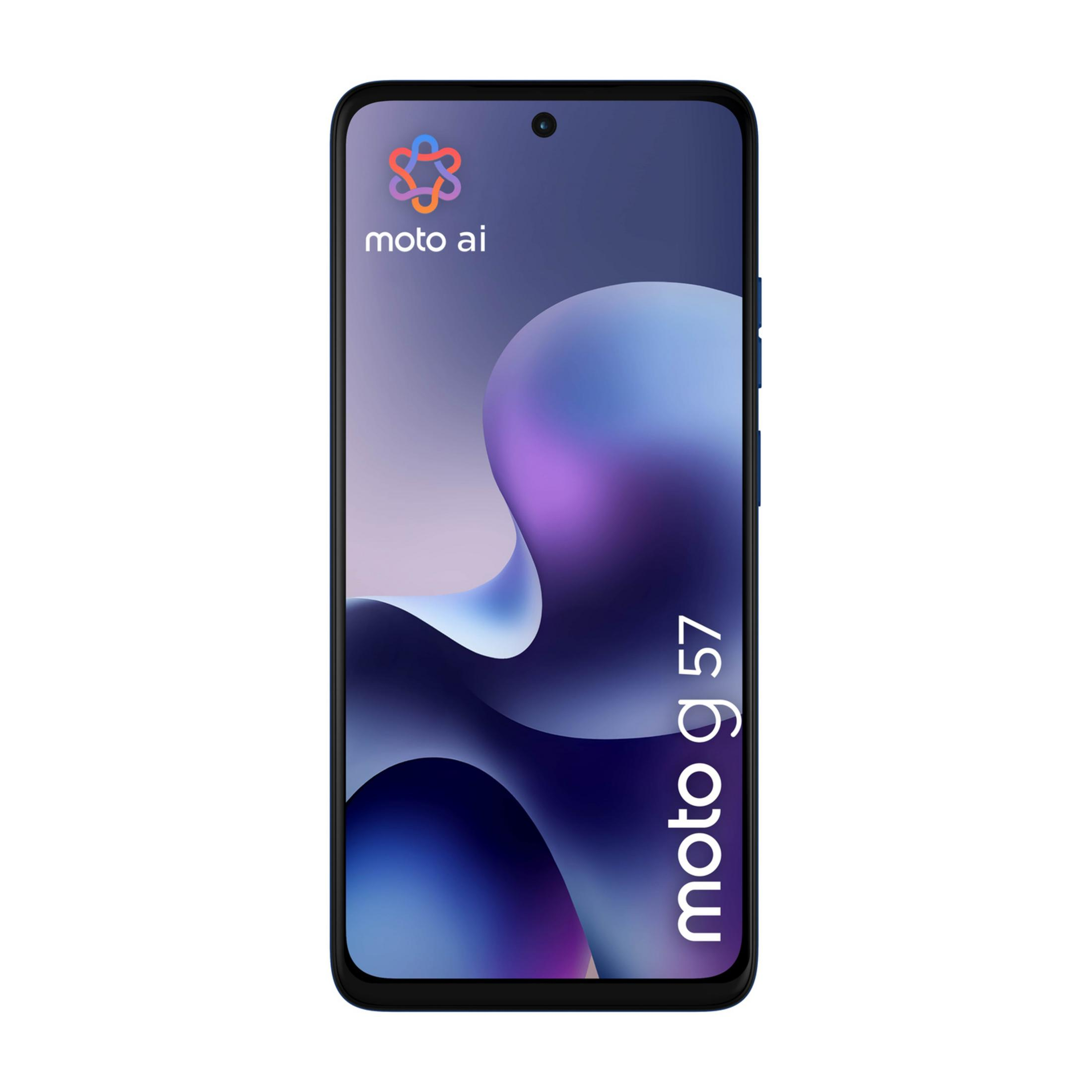 Ciemny smartfon z logo "moto ai" i napisem "moto g 57" na ekranie.