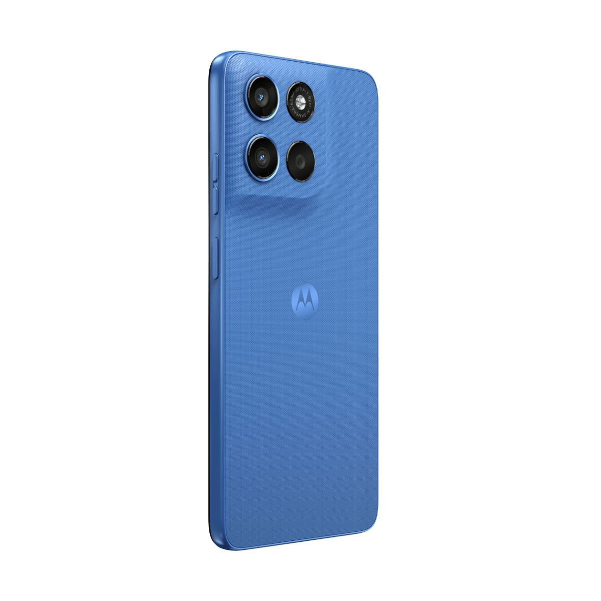 Niebieski smartfon Motorola z trzema aparatami i logo z tyłu.