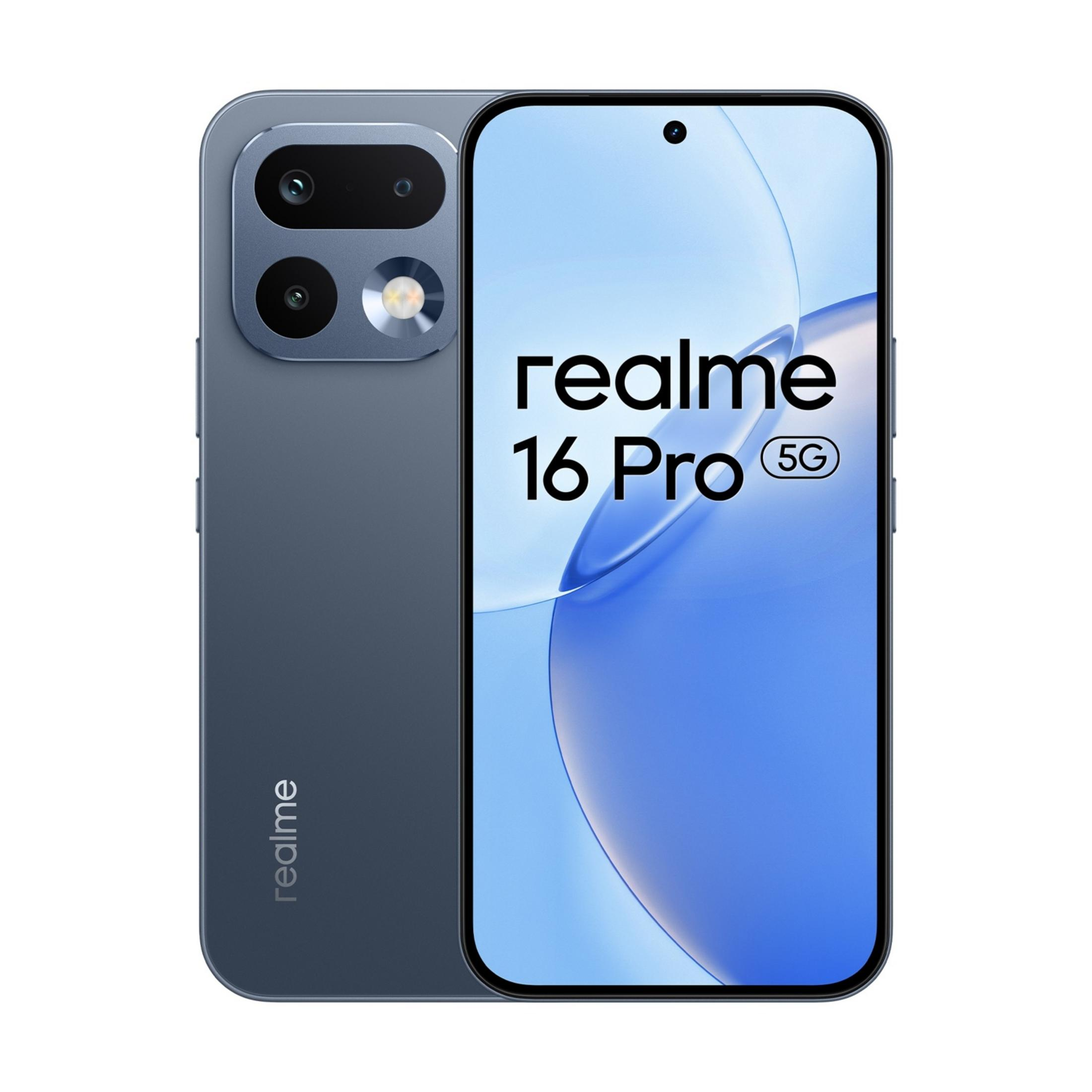 Ein graues Realme 16 Pro 5G Smartphone mit Kamera-Array auf der Rückseite.