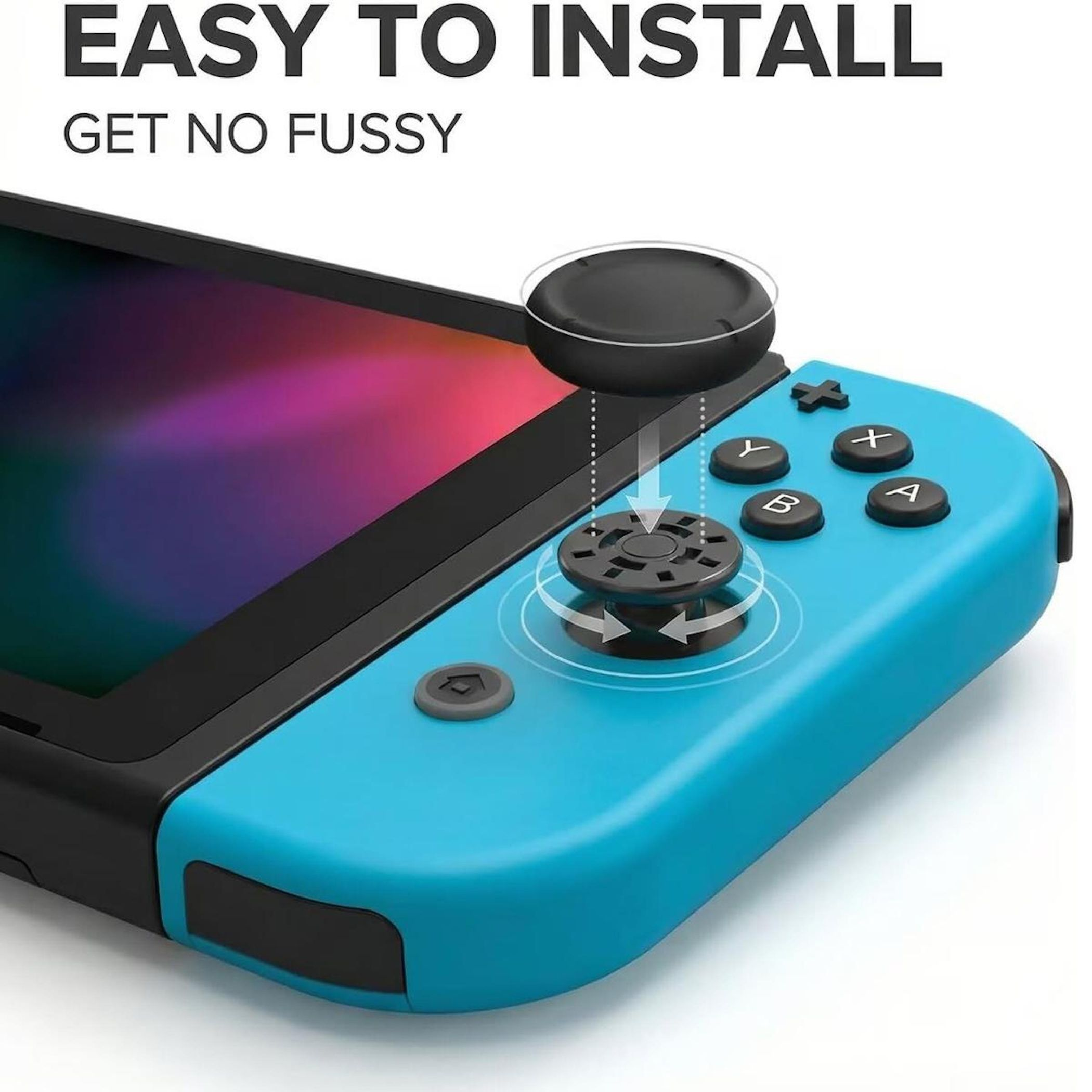 Ein blauer Controller mit einem schwarzen Joystick-Aufsatz, der installiert wird.