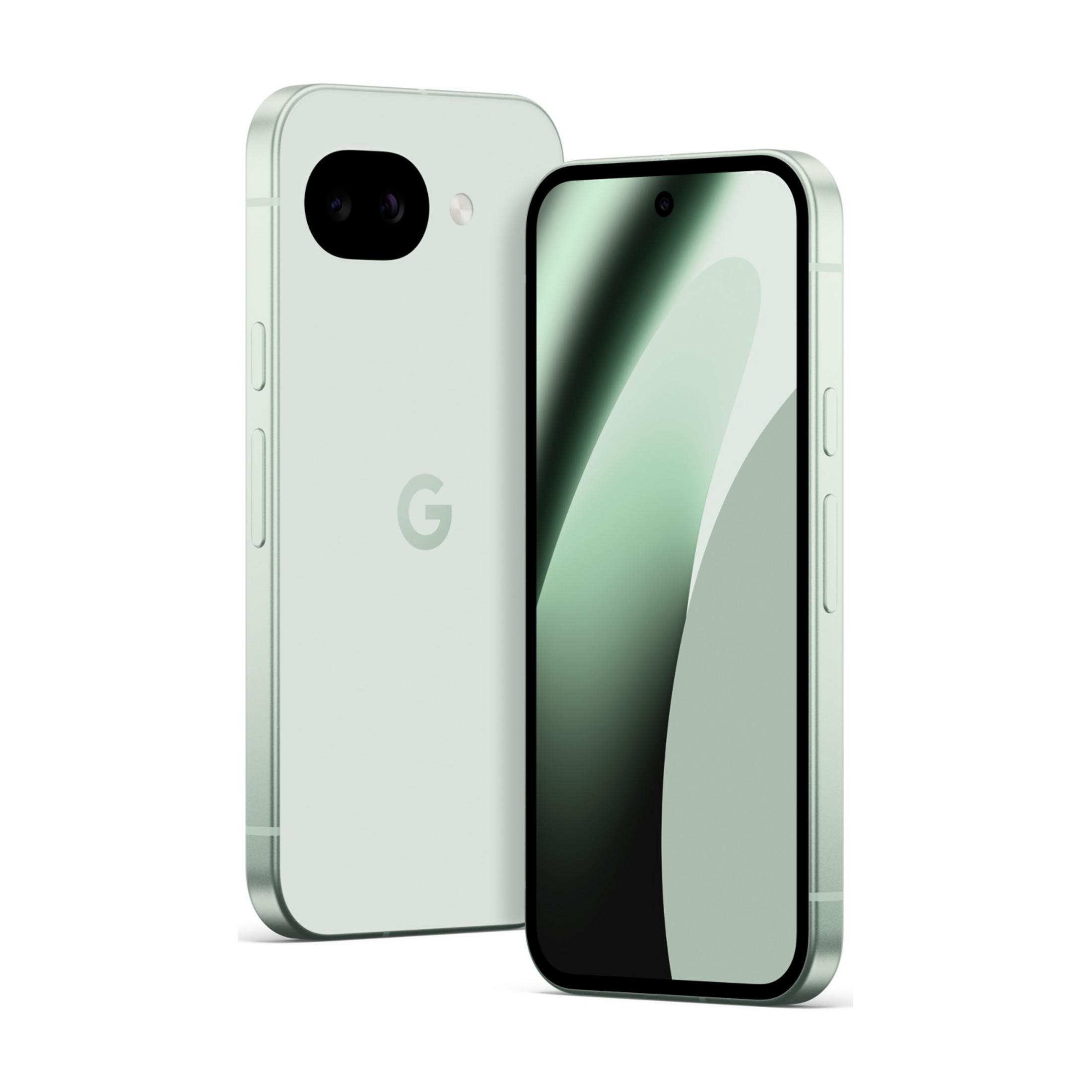 Zwei hellgrüne Smartphones, eines davon mit Kamera und Google-Logo, das andere mit Bildschirm.