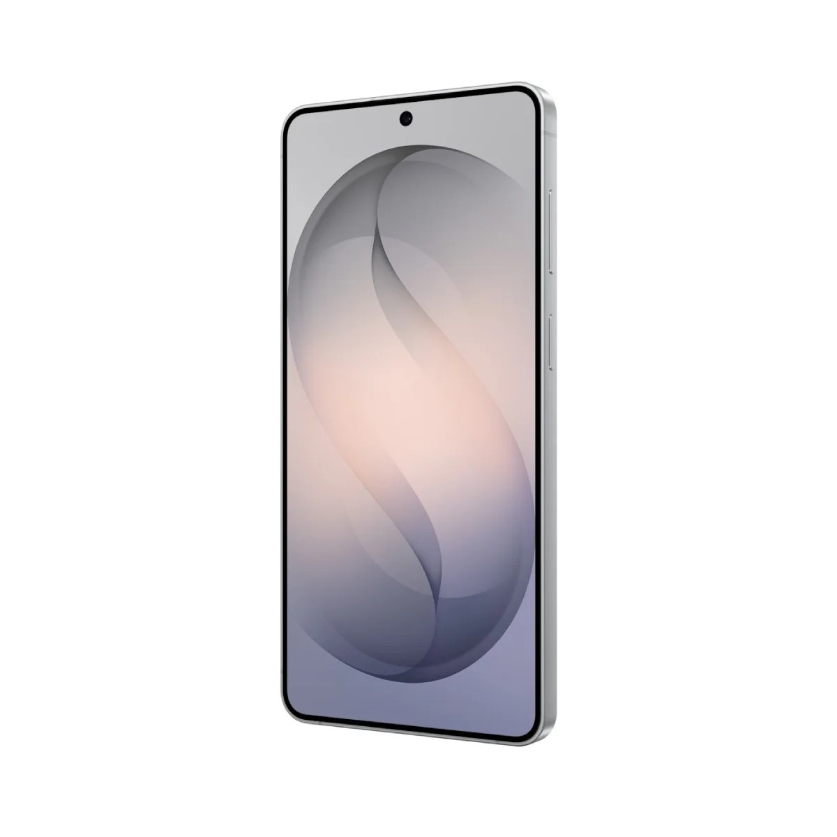 Uno smartphone argentato con uno sfondo astratto e ondulato dai colori tenui.