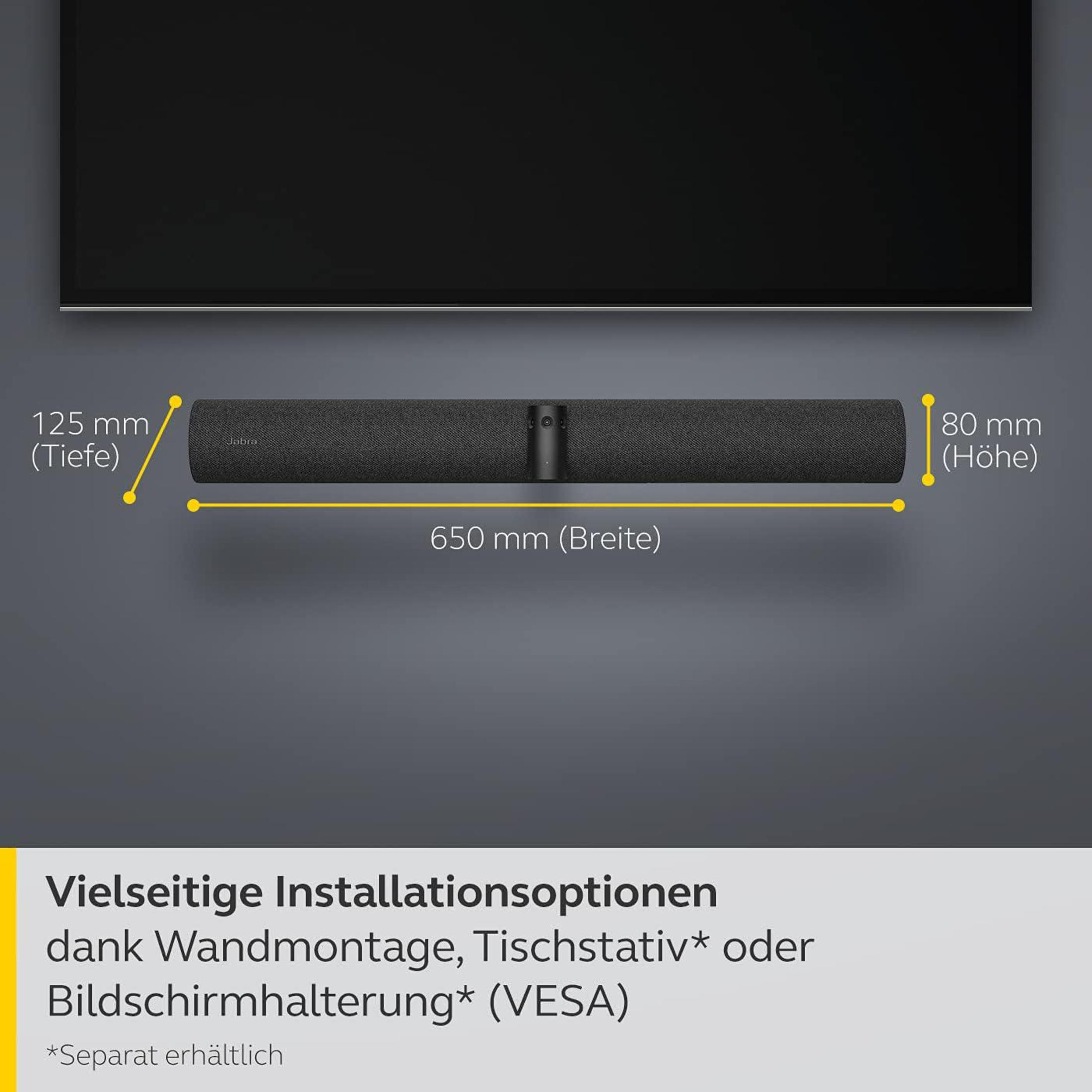 Soundbar mit Maßen: 650mm Breite, 80mm Höhe, 125mm Tiefe. Vielseitige Montageoptionen.