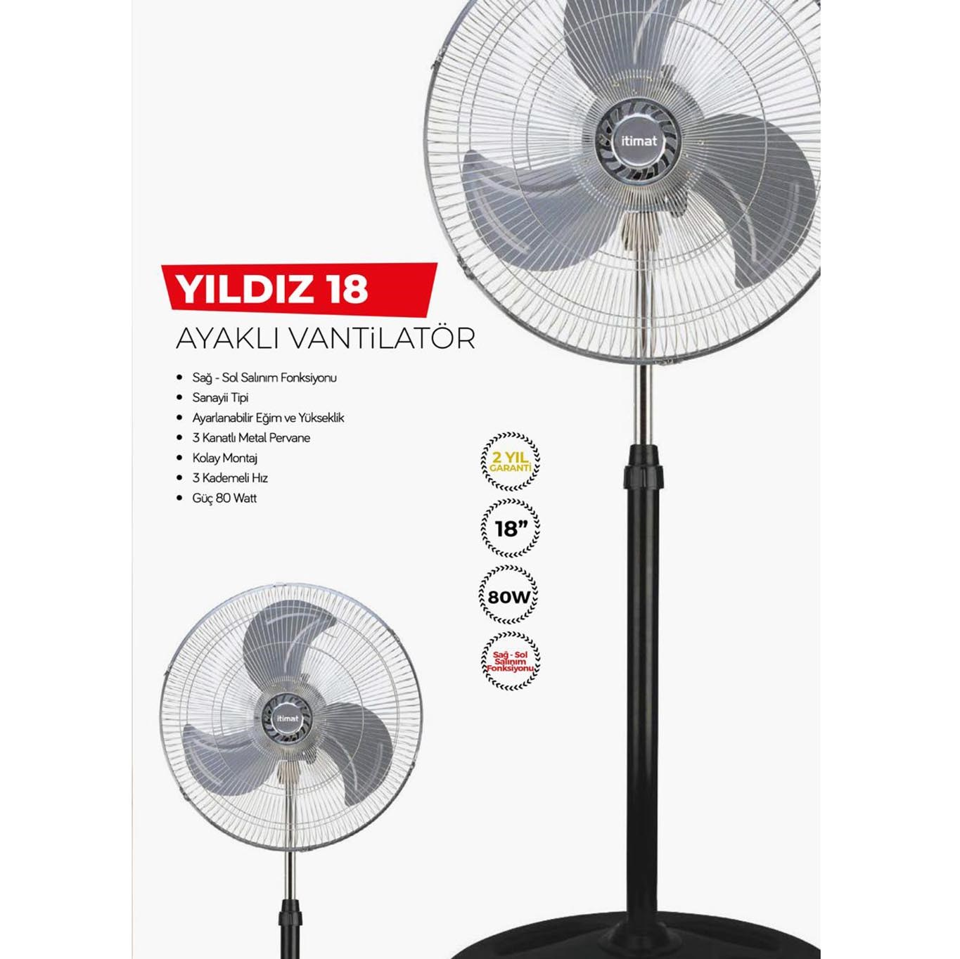 Gümüş, 18 inç, 80W, 3 kanatlı, ayarlanabilir yükseklik ve salınım özellikli vantilatör.