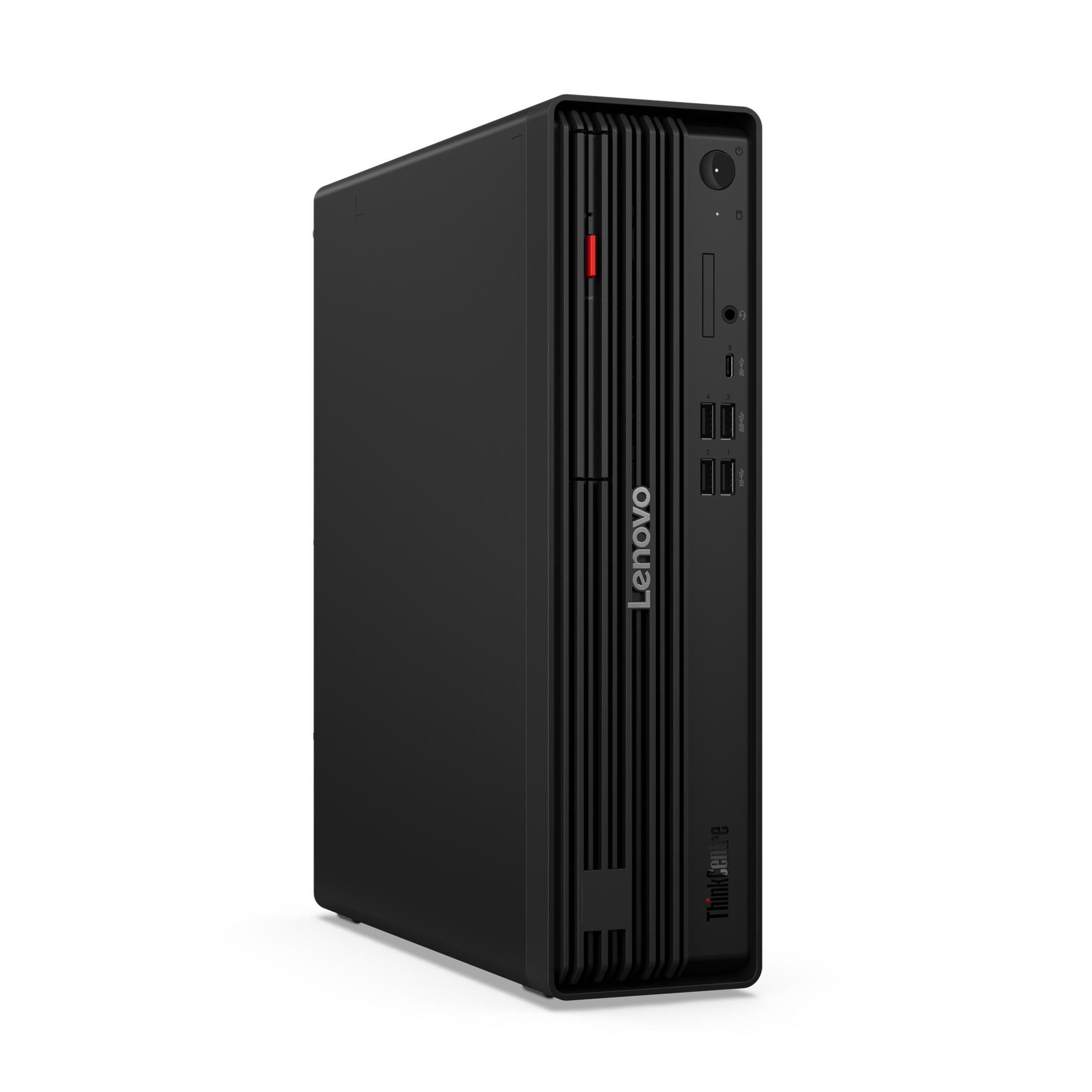Schwarzer Lenovo ThinkCentre PC mit Lüftungsschlitzen und Anschlüssen an der Vorderseite.