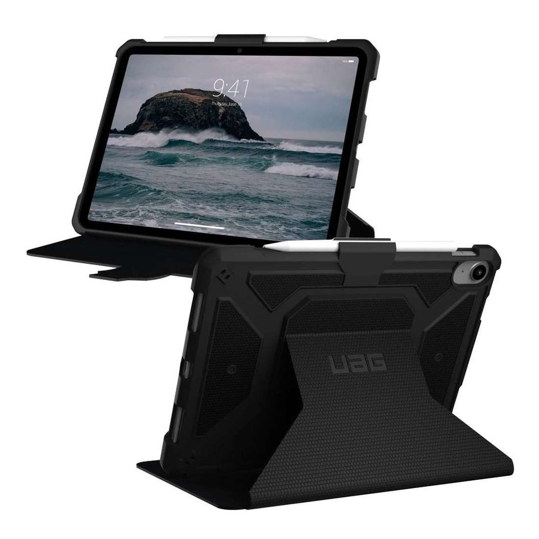 Schwarzes UAG Case für iPad mit Ständer und Apple Pencil Halter.