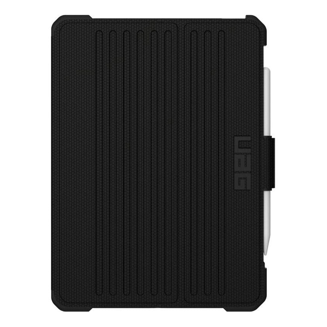 Schwarze Tablet-Hülle mit Rillenmuster und seitlicher Stifthalterung.