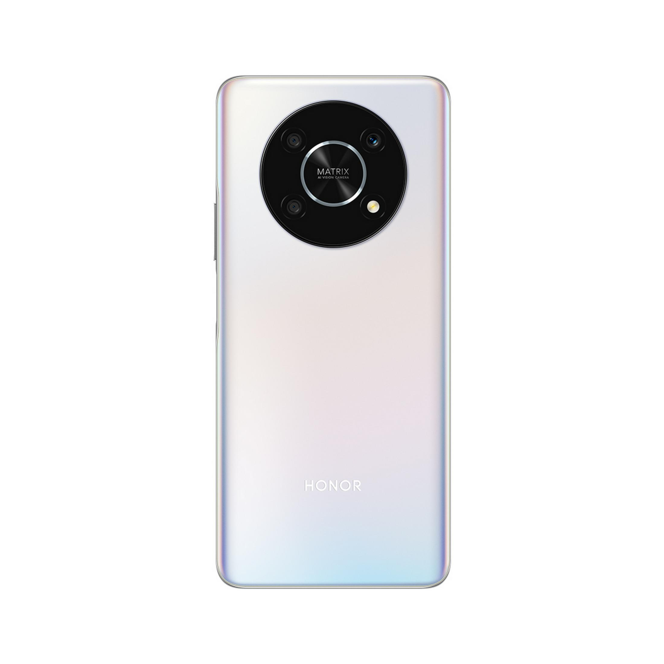 Uno smartphone Honor bianco con fotocamera Matrix AI Vision sul retro.