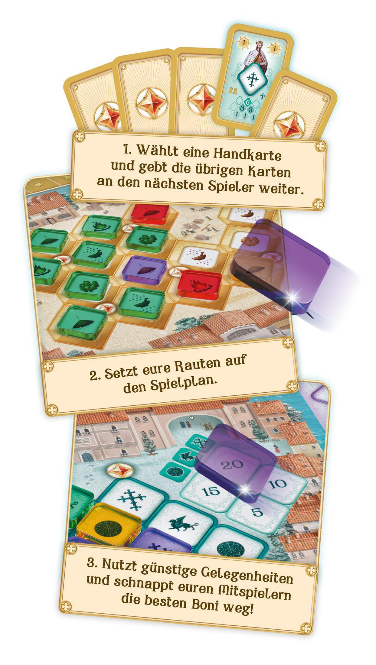 Instructions de jeu de société avec cartes et pions. Étape 1 : Choisissez une carte. Étape 2 : Placez des gemmes.