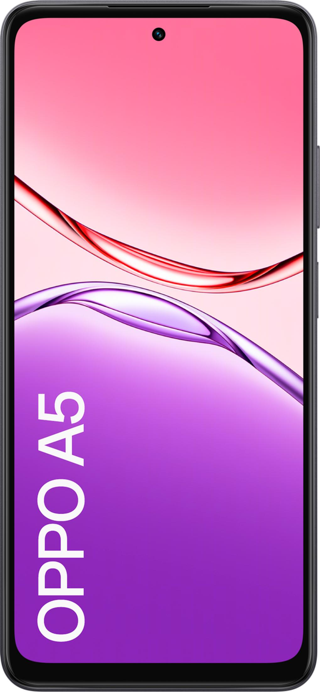 Uno smartphone con sfondo rosa e viola. "OPPO A5" è scritto sulla parte viola.