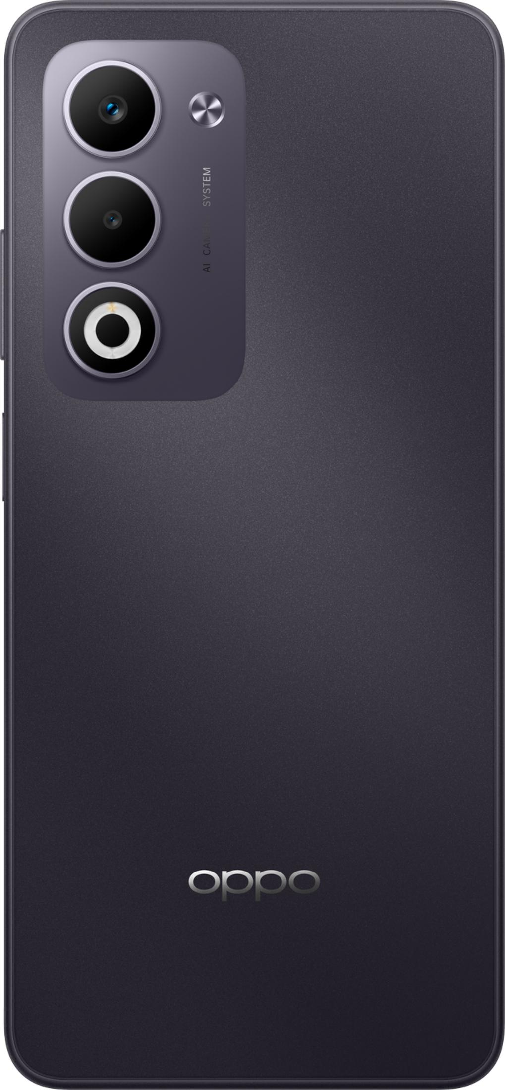 Smartphone scuro con tre fotocamere e logo OPPO.