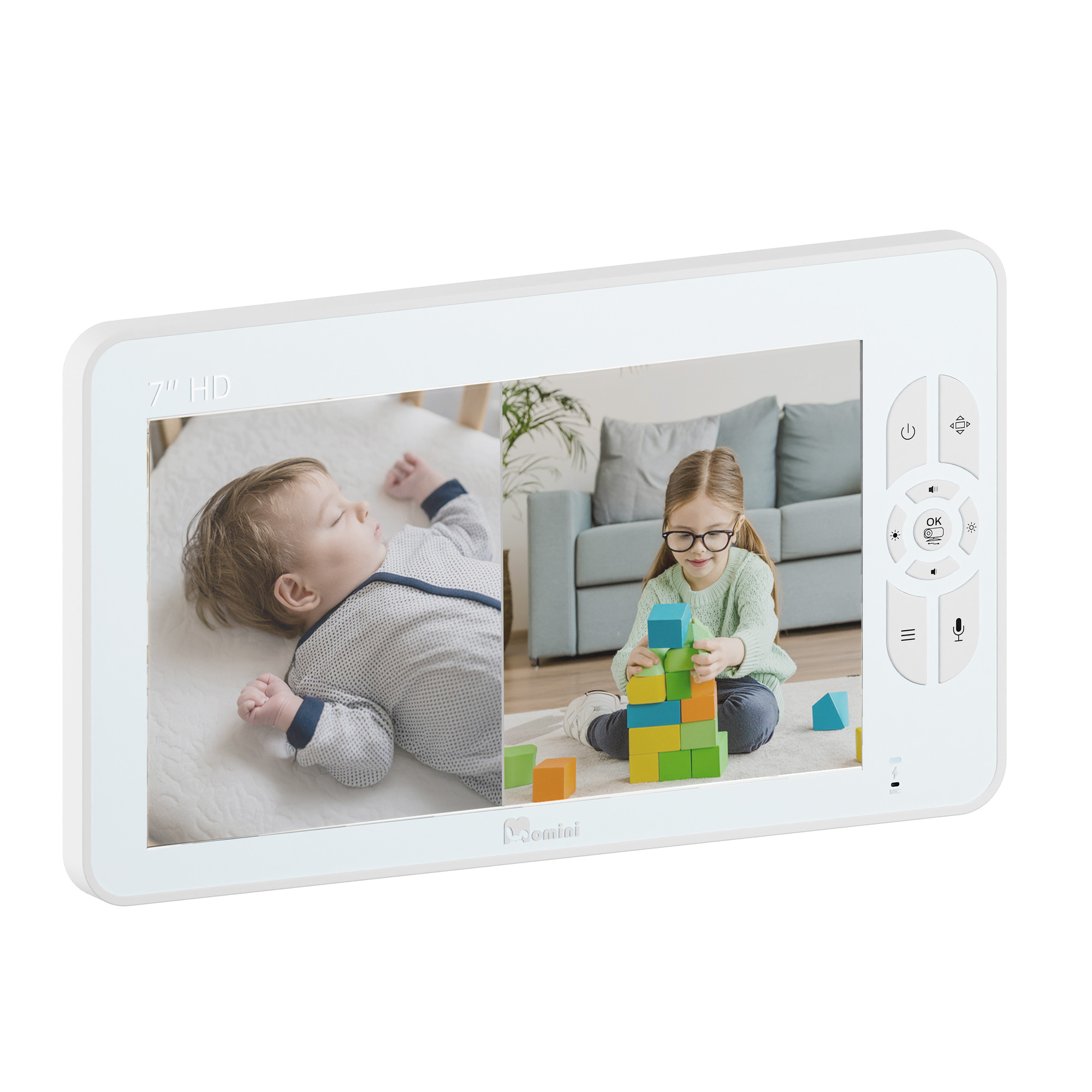 Dziecko śpi, dziewczynka bawi się kolorowymi klockami na ekranie monitora dla niemowląt.