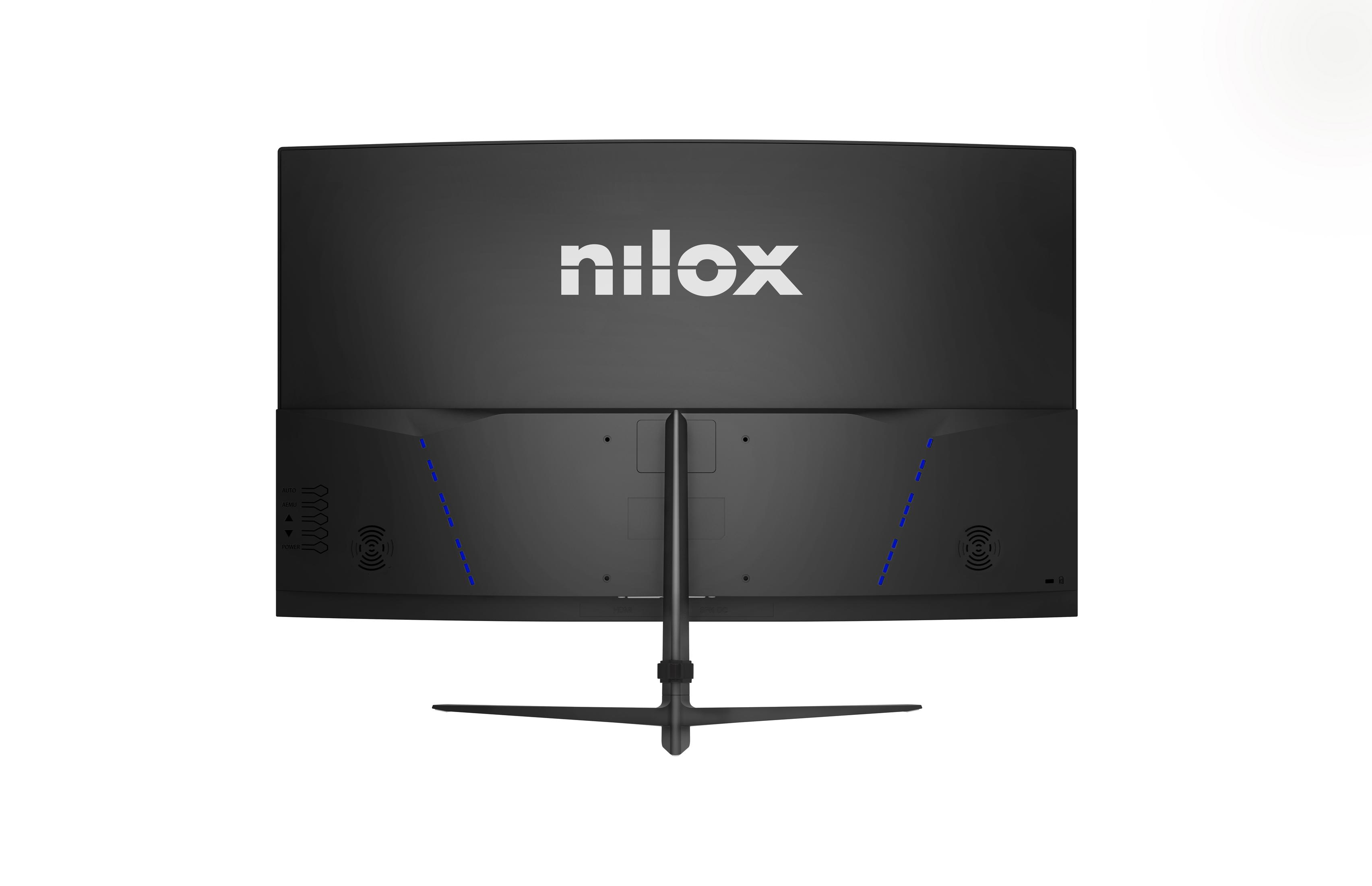 Parte trasera de un monitor negro con logo Nilox y puertos visibles.