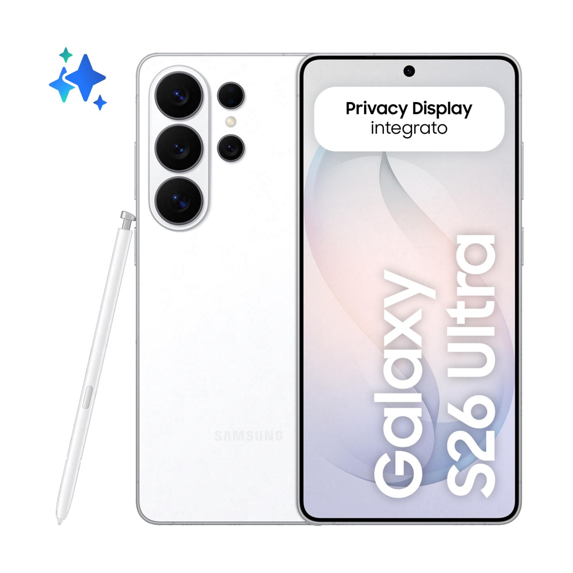 Ein weißes Samsung Galaxy S26 Ultra mit S-Pen und Sternen.