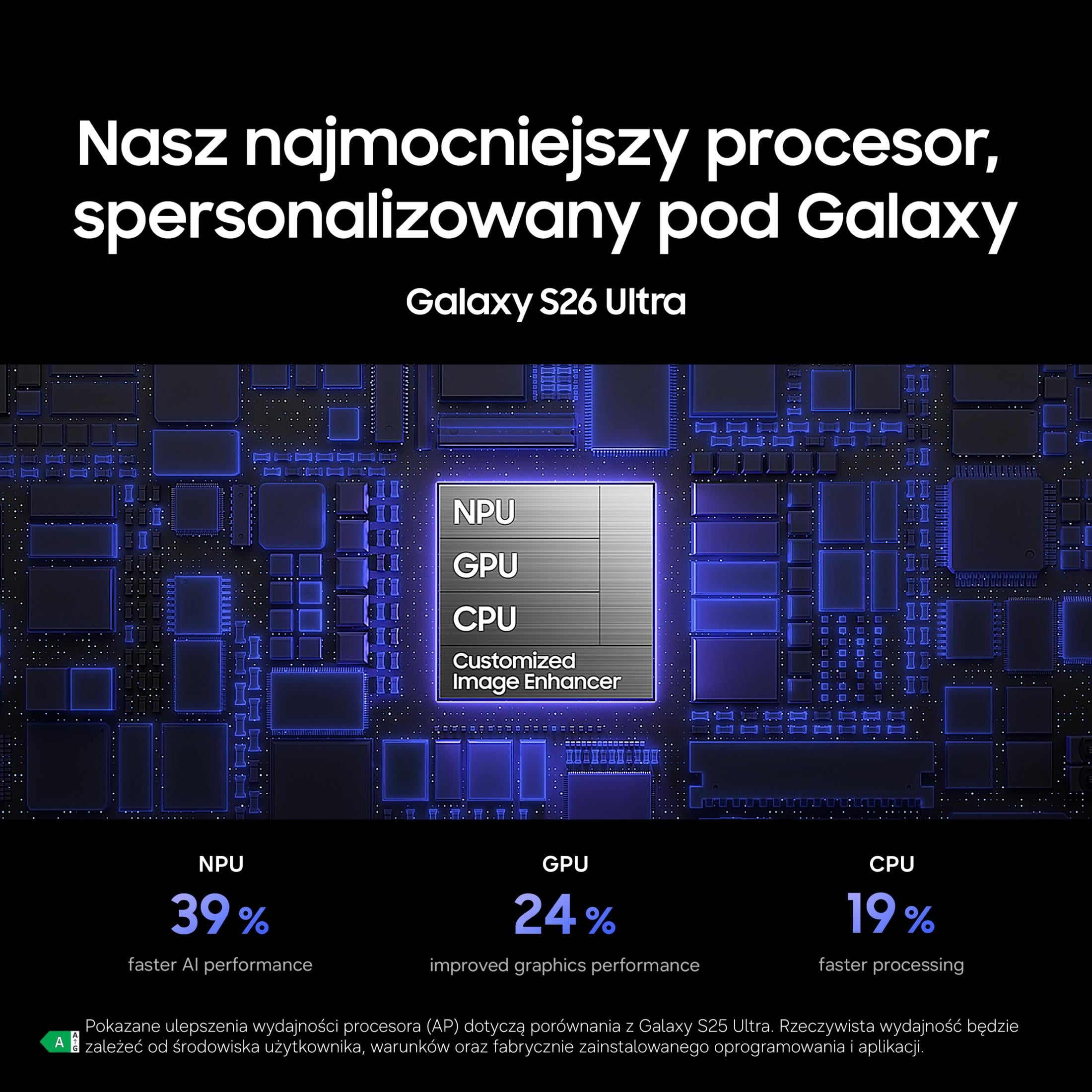 Abstrakte blaue Leiterplatte mit Text über den Galaxy S26 Ultra Prozessor.