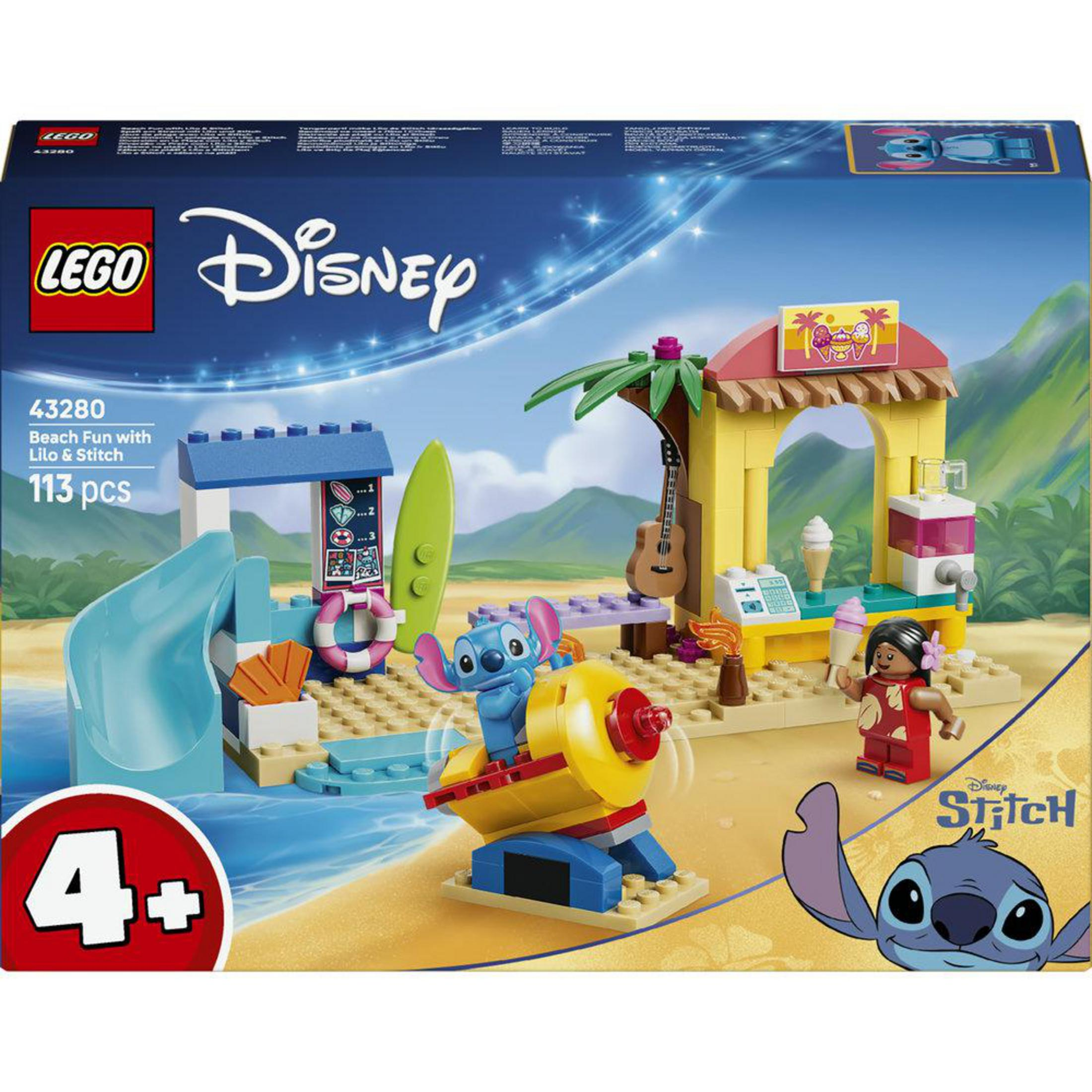Set spiaggia Lego Disney con Lilo & Stitch, scivolo, chiosco gelati e figure.