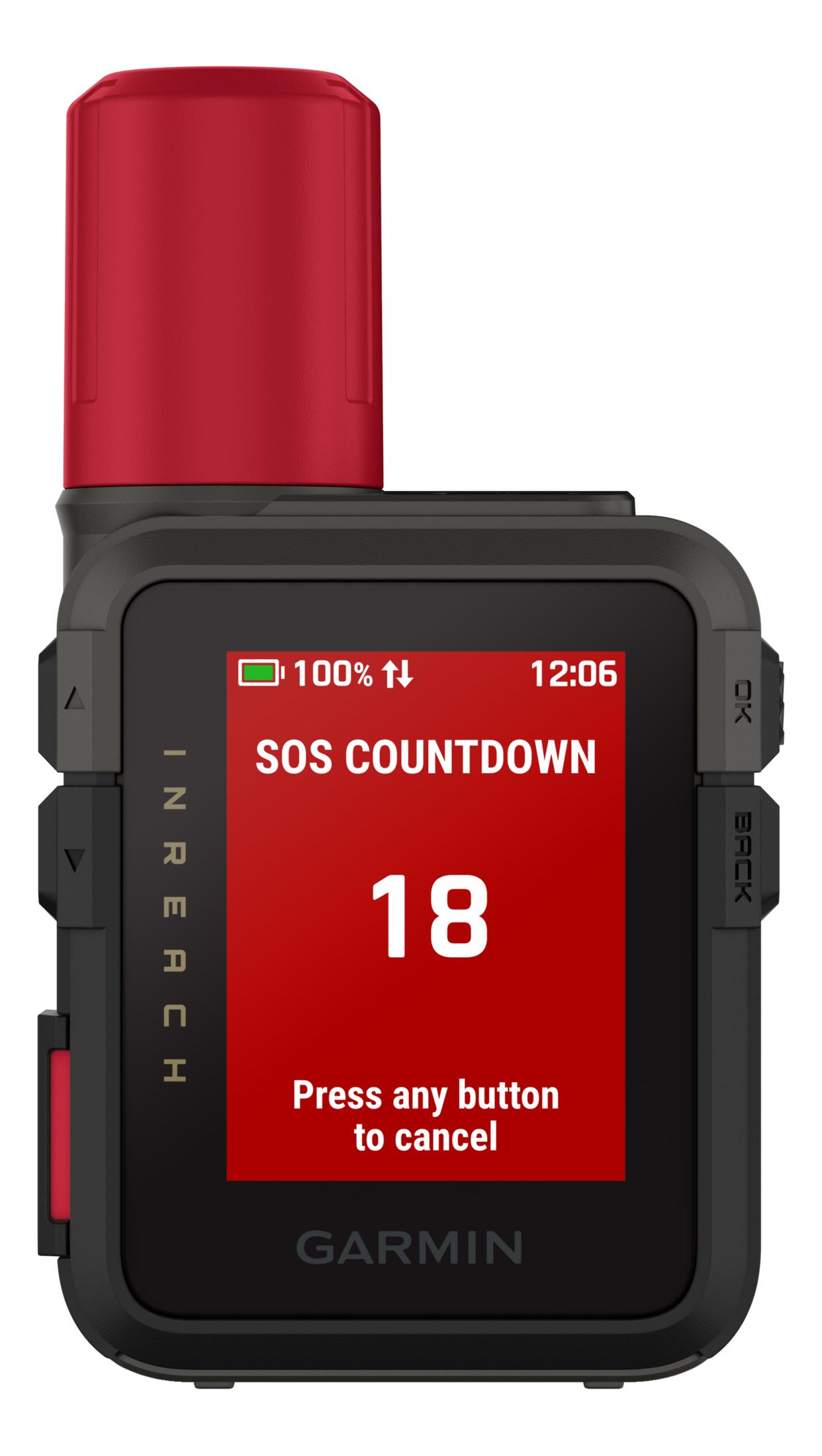 Ein Garmin-Gerät mit SOS-Countdown auf dem Bildschirm. Es zeigt 18 Sekunden.