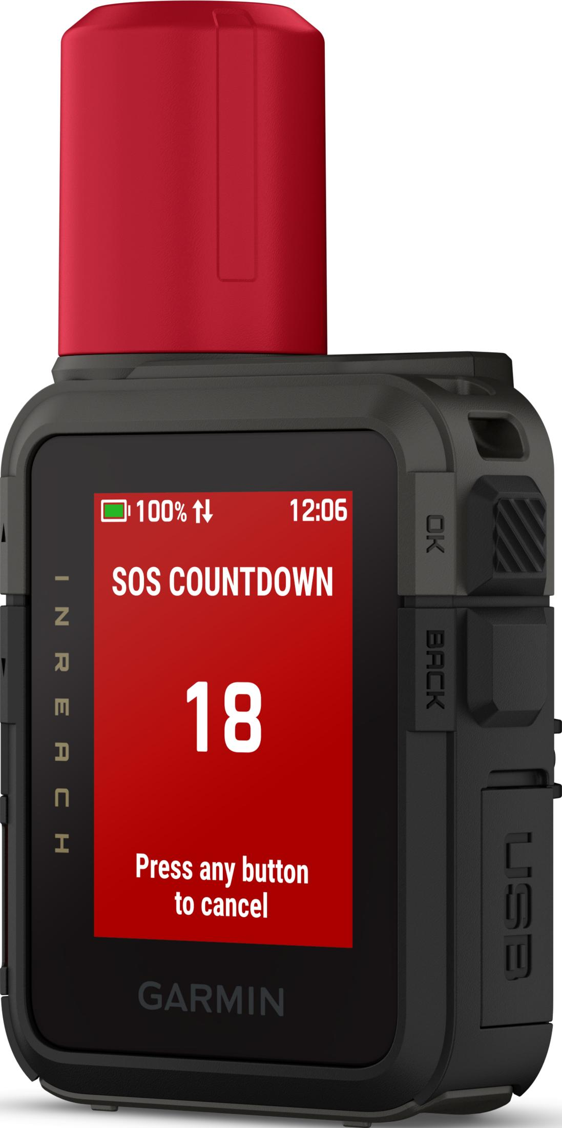 Garmin InReach mit SOS-Countdown 18, 100% Akku, 12:06 Uhr.