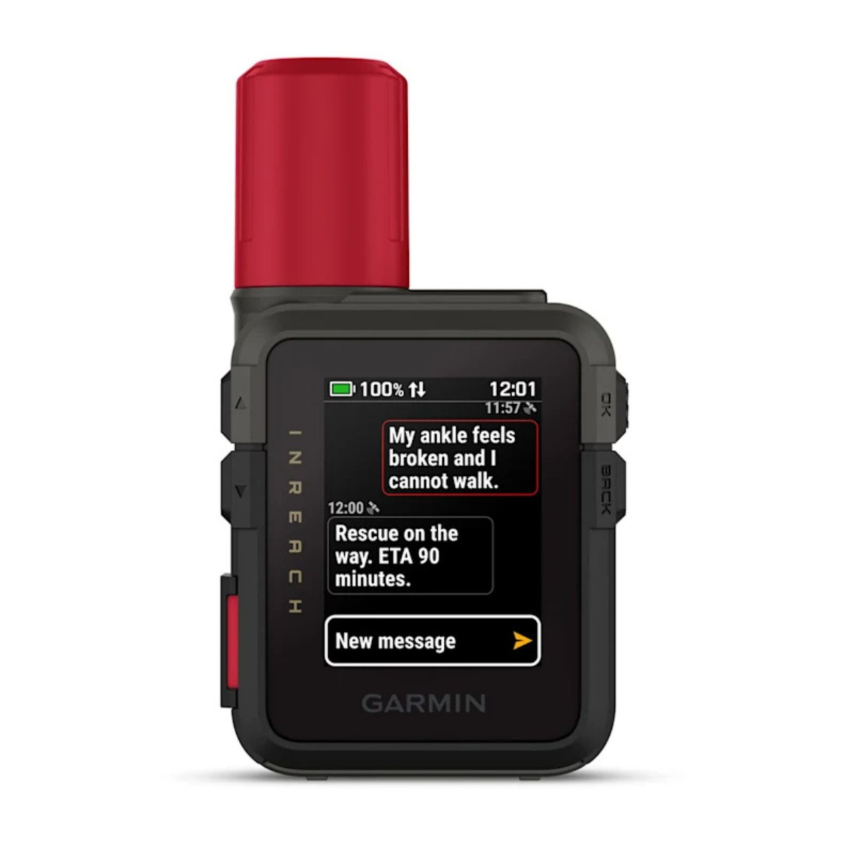 Garmin InReach mit roter Kappe, zeigt Notfallnachricht an.