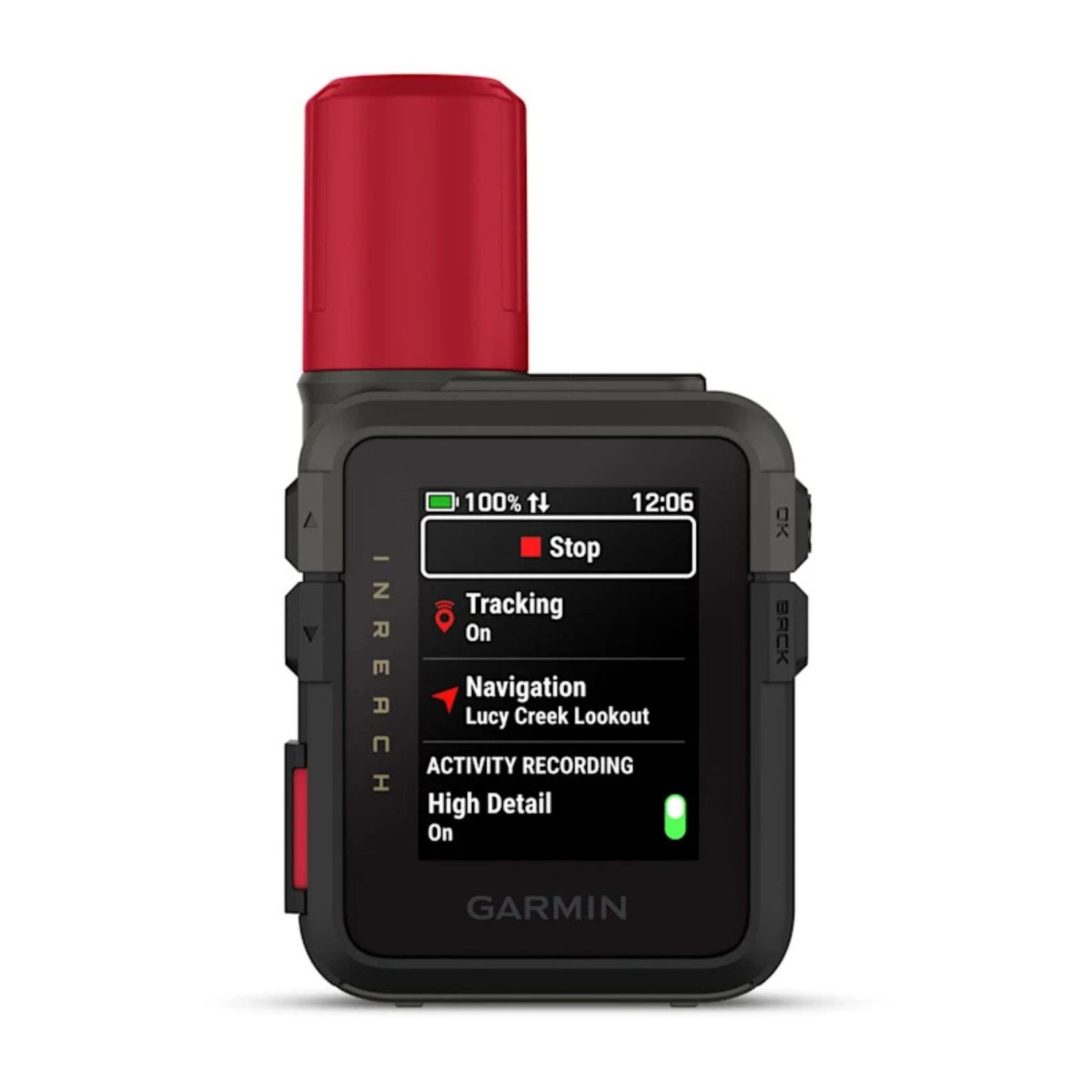 Ein Garmin InReach-Gerät mit roter Antenne und Bildschirm, der Tracking anzeigt.